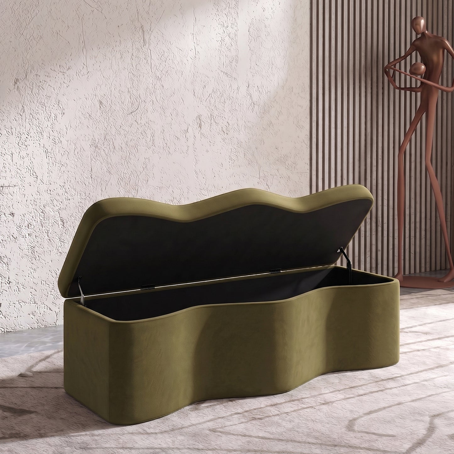 Velmora Wave Moss Green Boucle Storage Bench