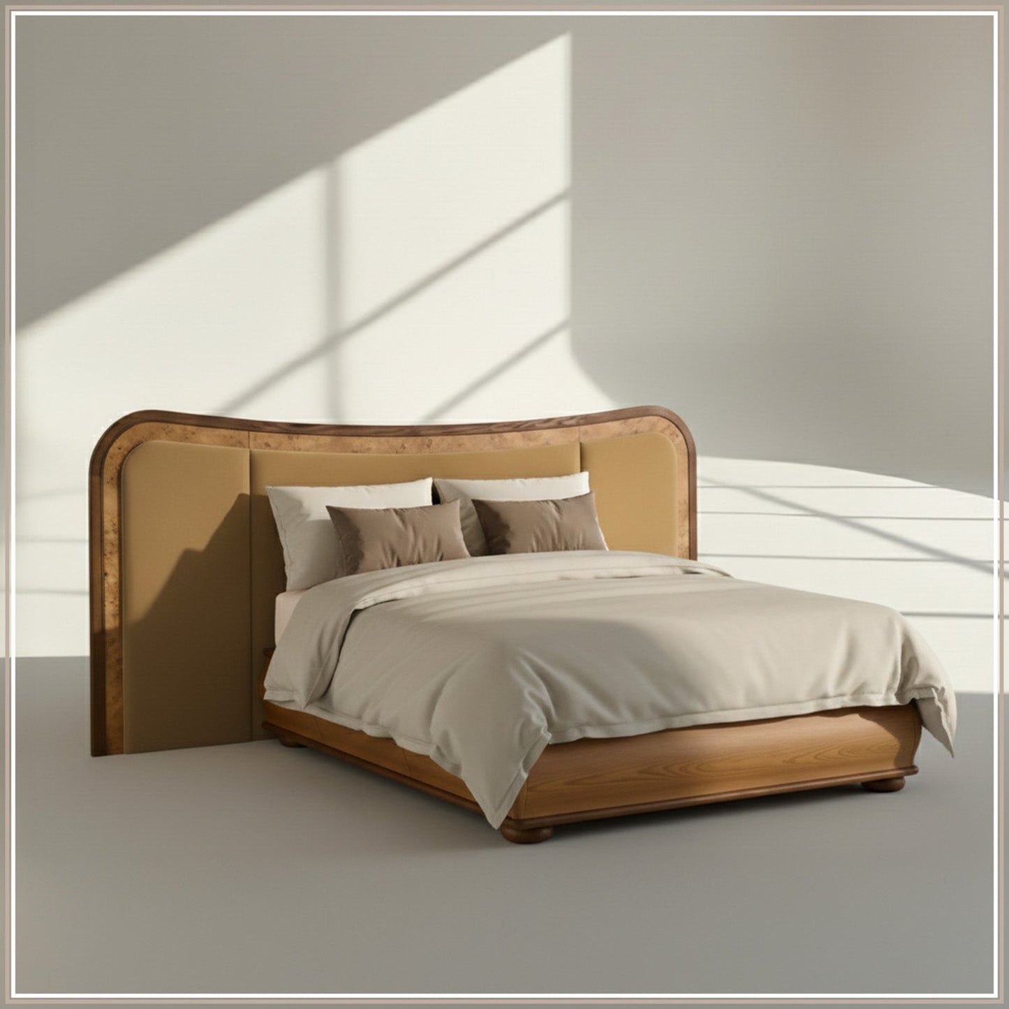 Elowen Softline Queen Size Bed in Camel Brown Velvet with Oak wood Frame & Hydraulic Storage