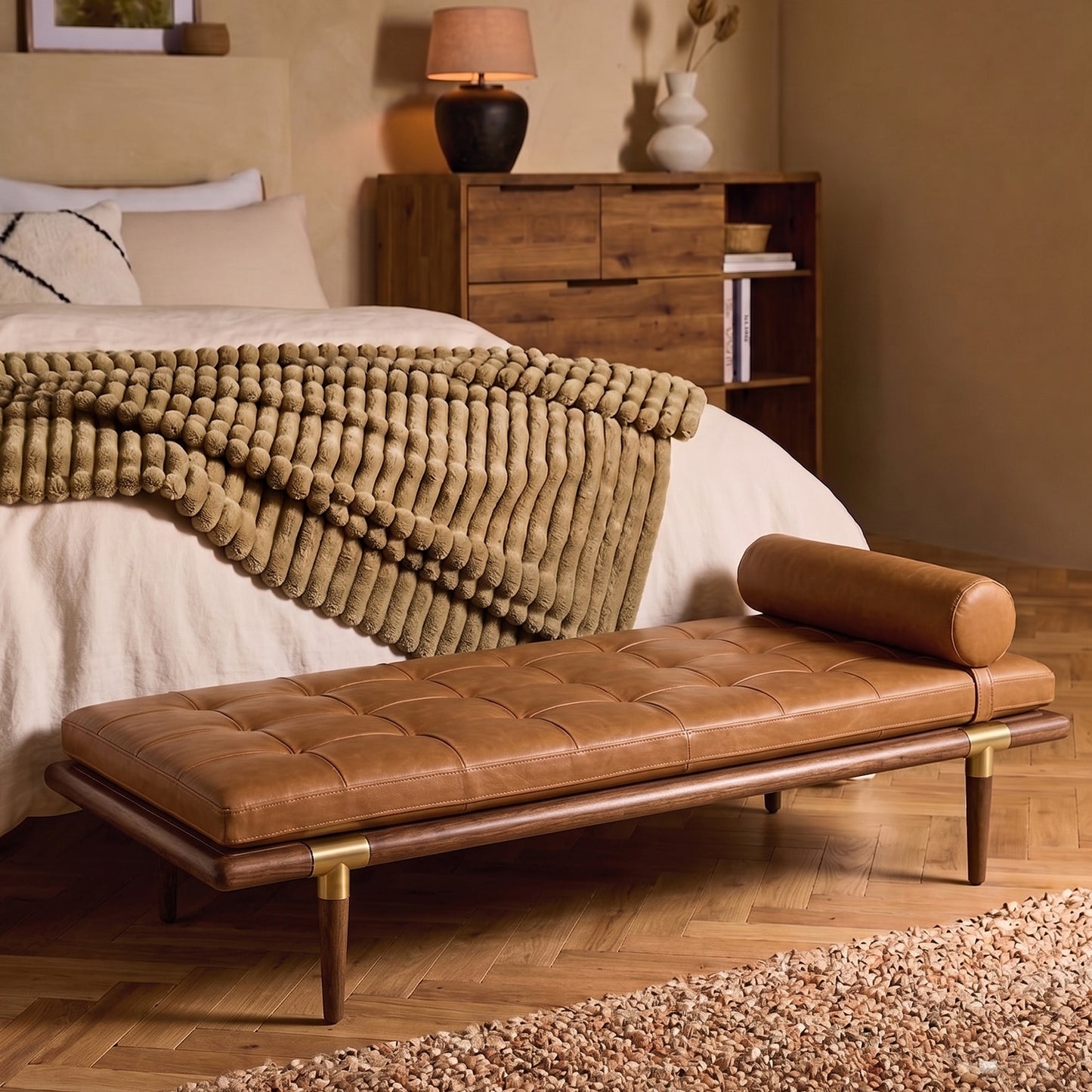 Aurelio Luxe Brown Leather Bench