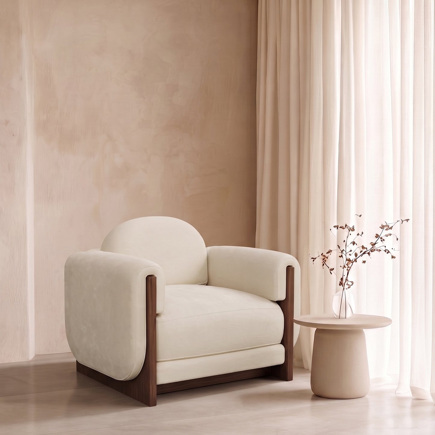 Breavion Classic Wood Arm Cream Velvet Lounge Chair