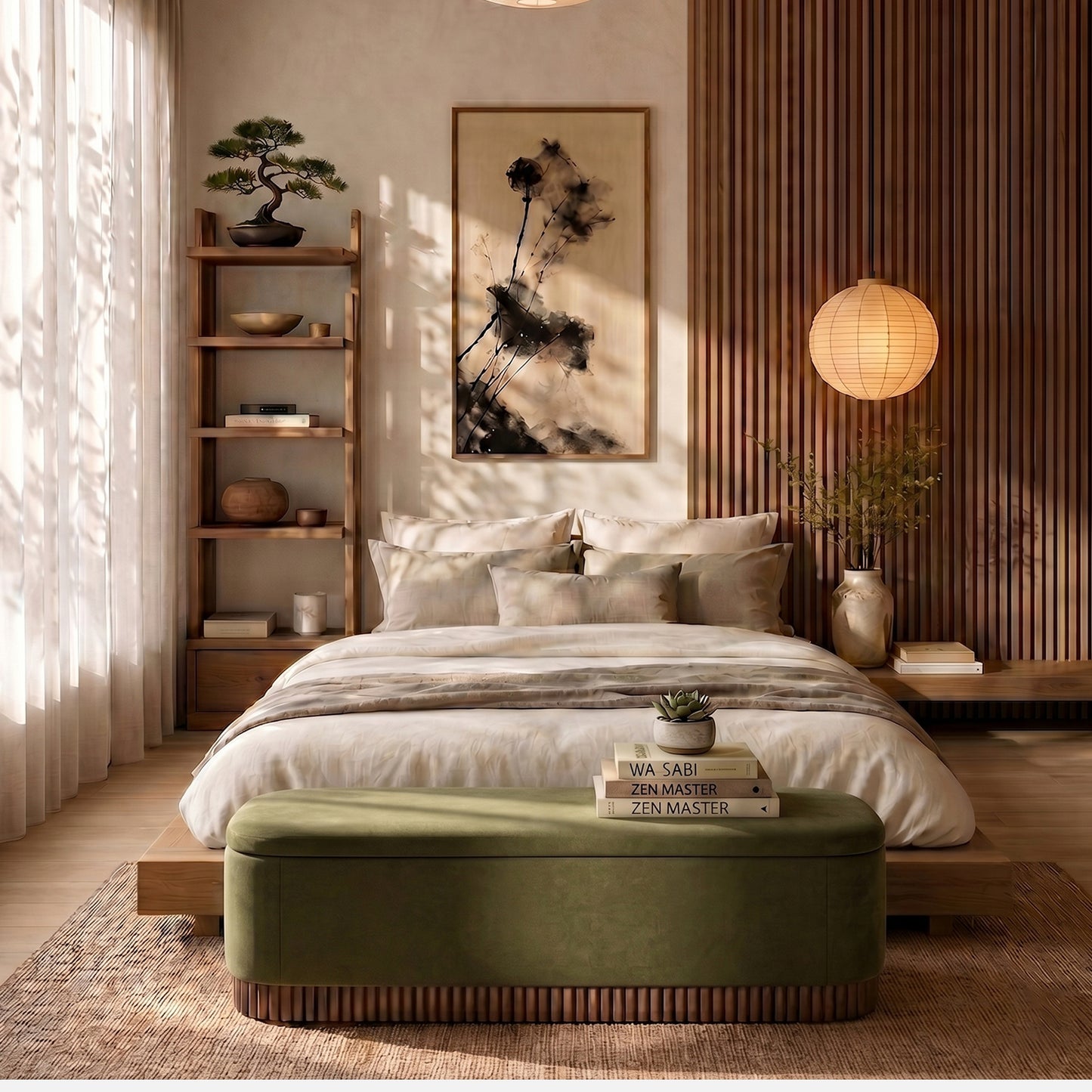 Lunara Edge Moss Green Boucle Storage Bench