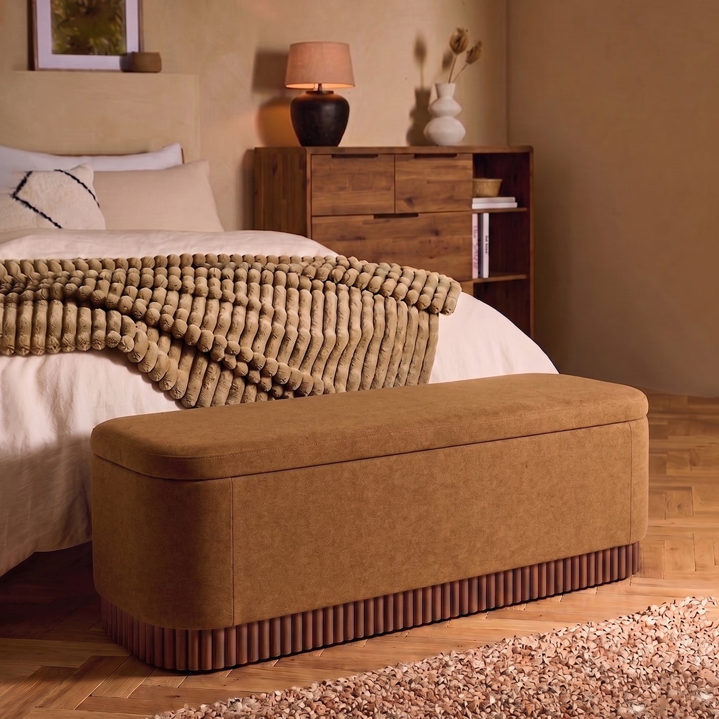 Lunara Edge Caramel Brown Boucle Storage Bench