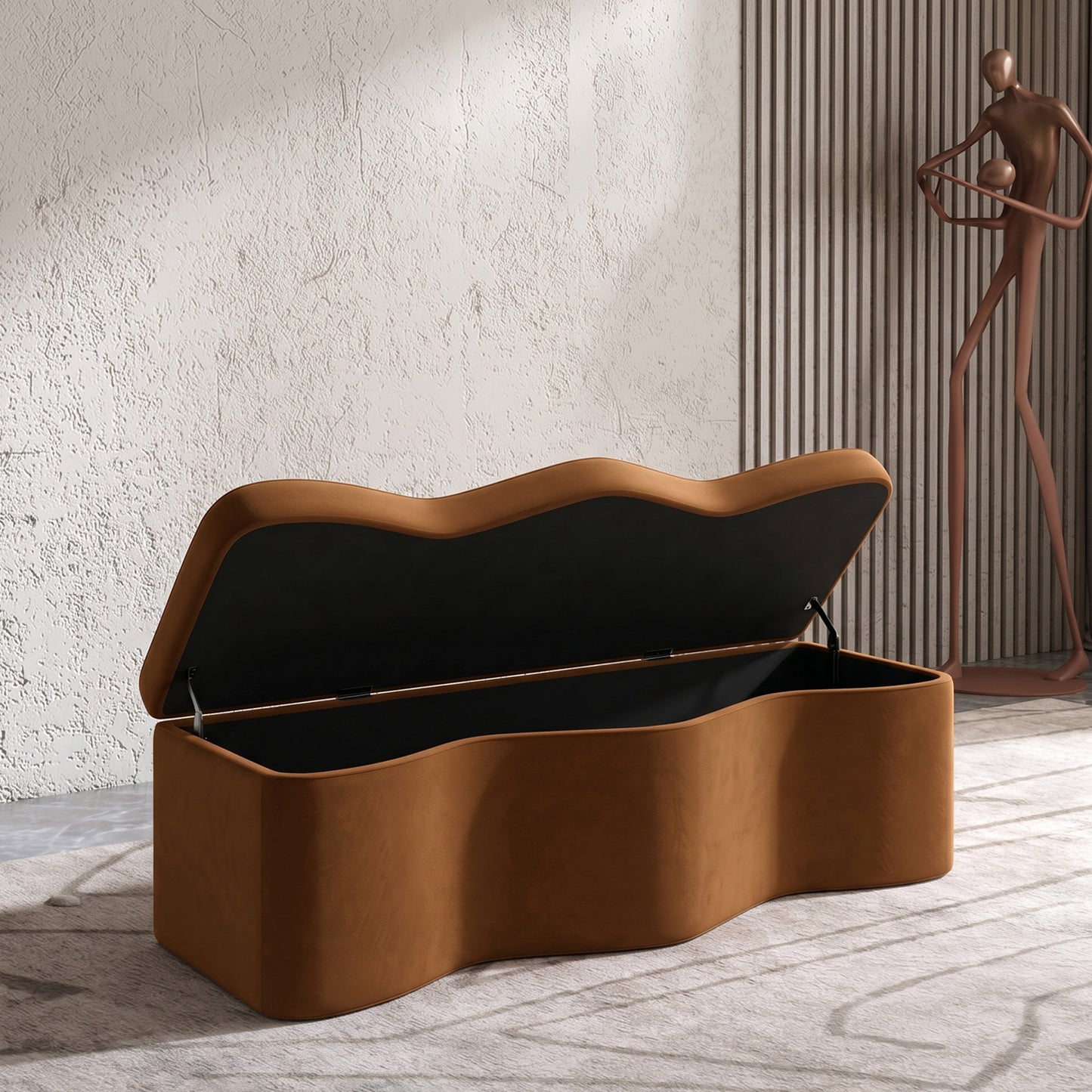 Velmora Wave Caramel Brown Boucle Storage Bench