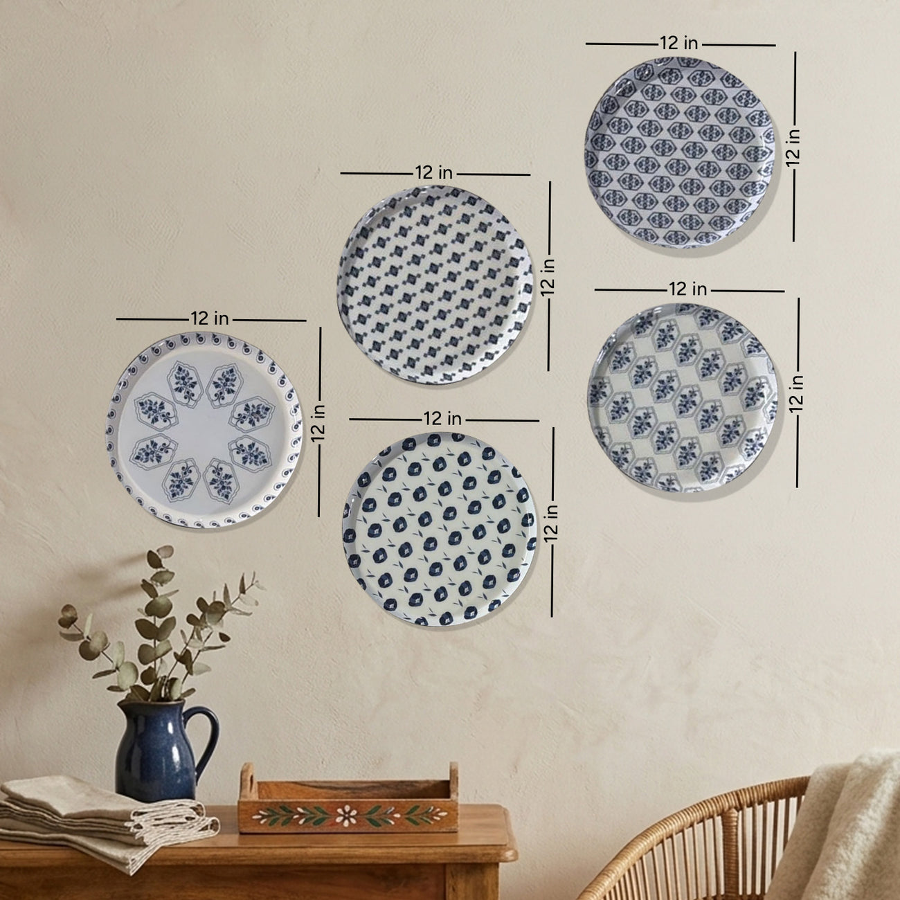 Blue & White Geometric Metallic Wall Plate Set of 5