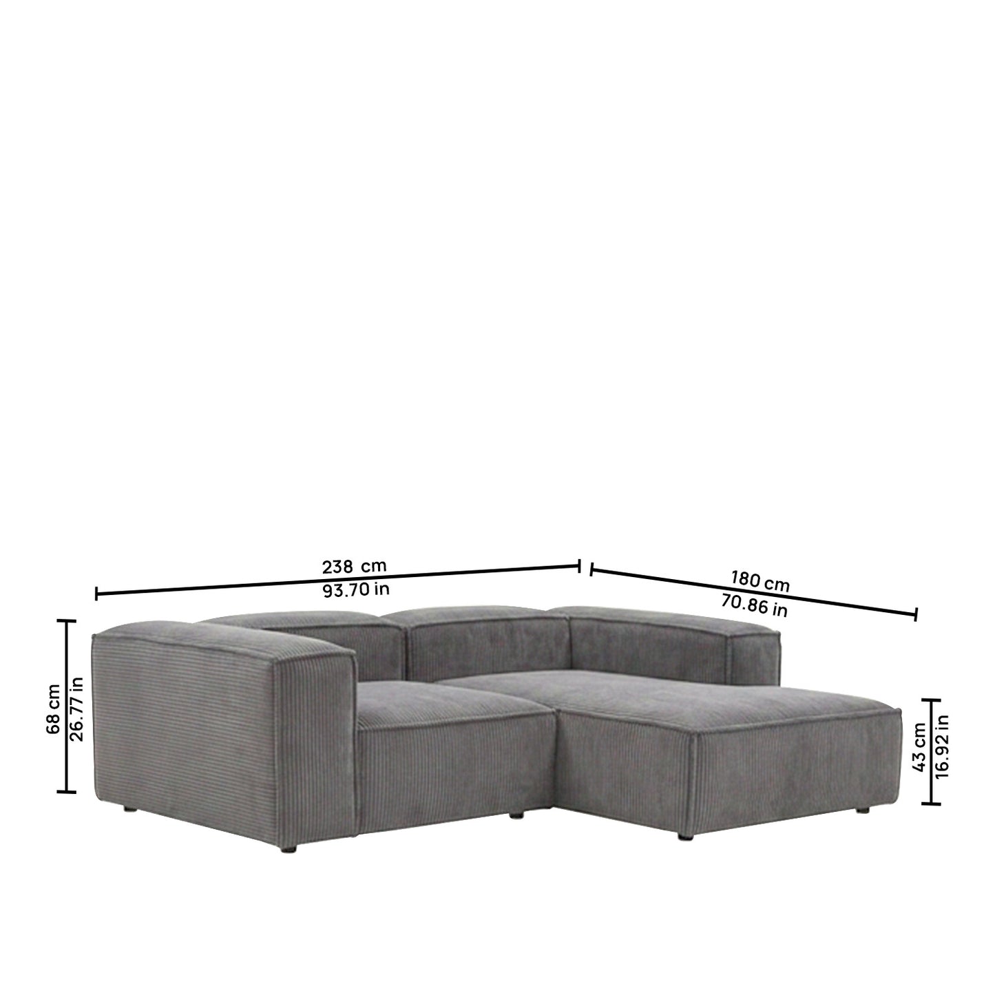Elegant Edge 2 Seater Versatile Corduroy Grey L Shaped Sofa