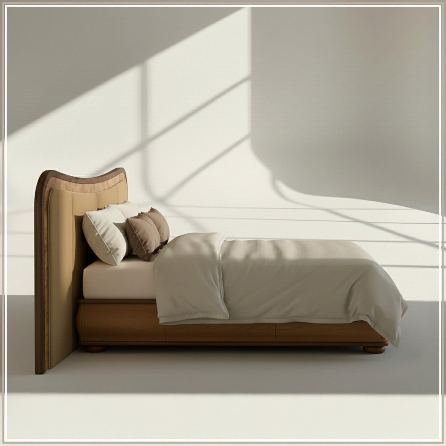 Elowen Softline Queen Size Bed in Camel Brown Velvet with Oak wood Frame & Hydraulic Storage