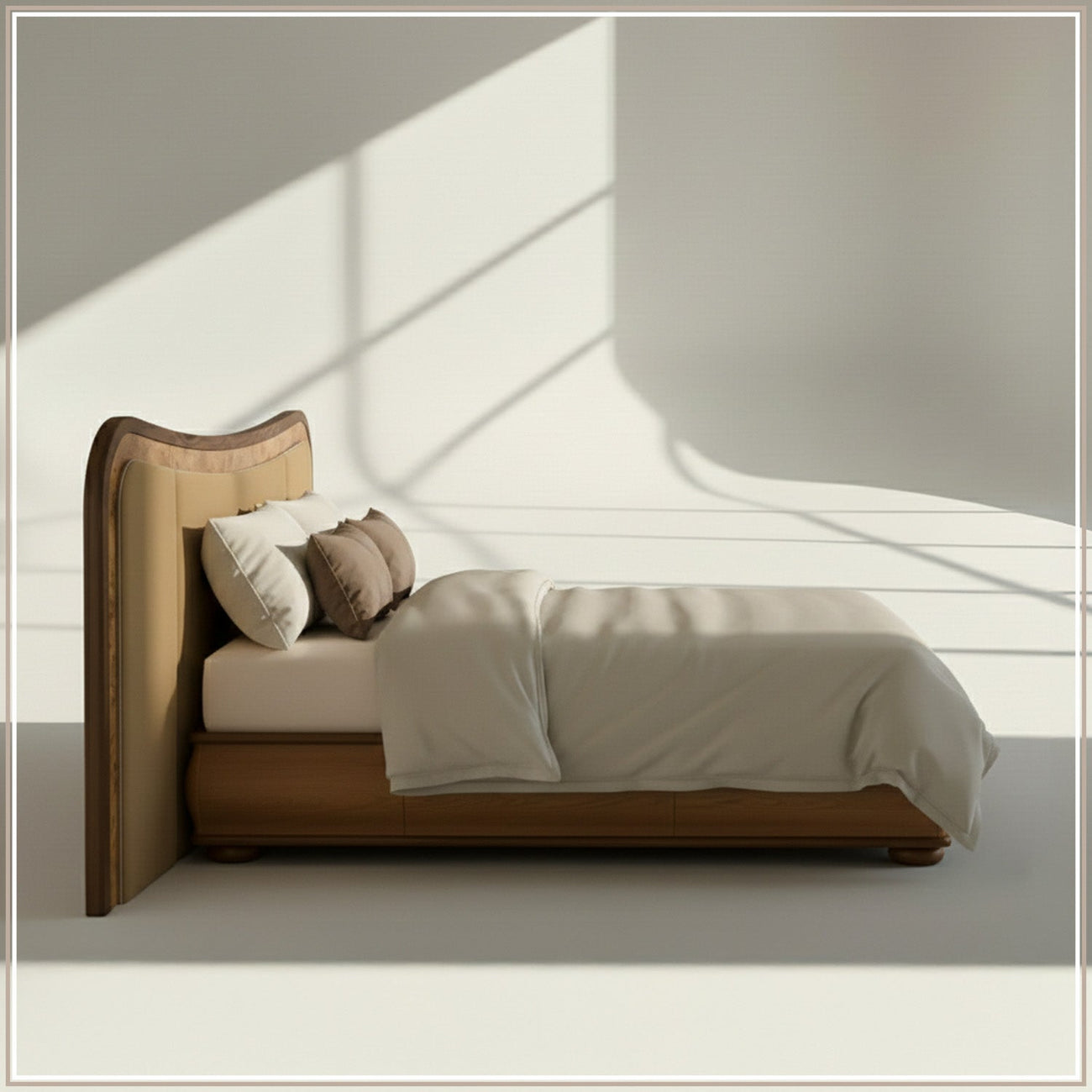 Elowen Softline Queen Size Bed in Camel Brown Velvet with Oak wood Frame & Hydraulic Storage