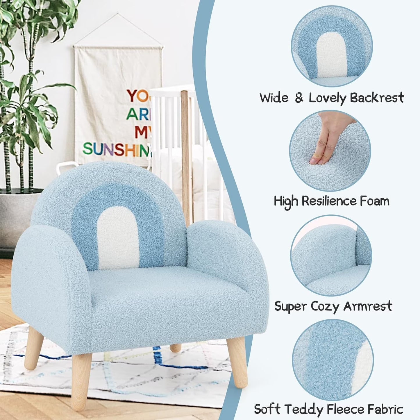 Baby Blue SkyArch Kids Armchair with Wooden LegsPlush Fabric