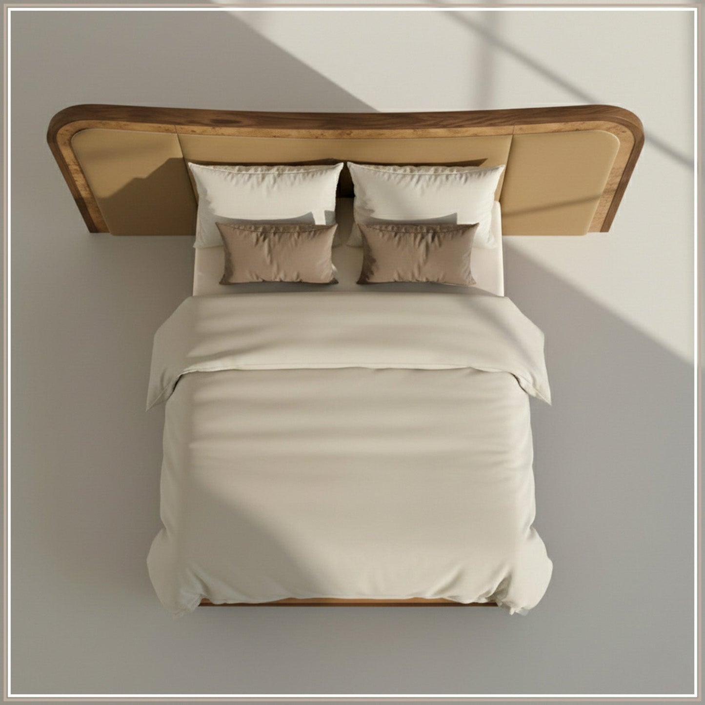 Elowen Softline Queen Size Bed in Camel Brown Velvet with Oak wood Frame & Hydraulic Storage