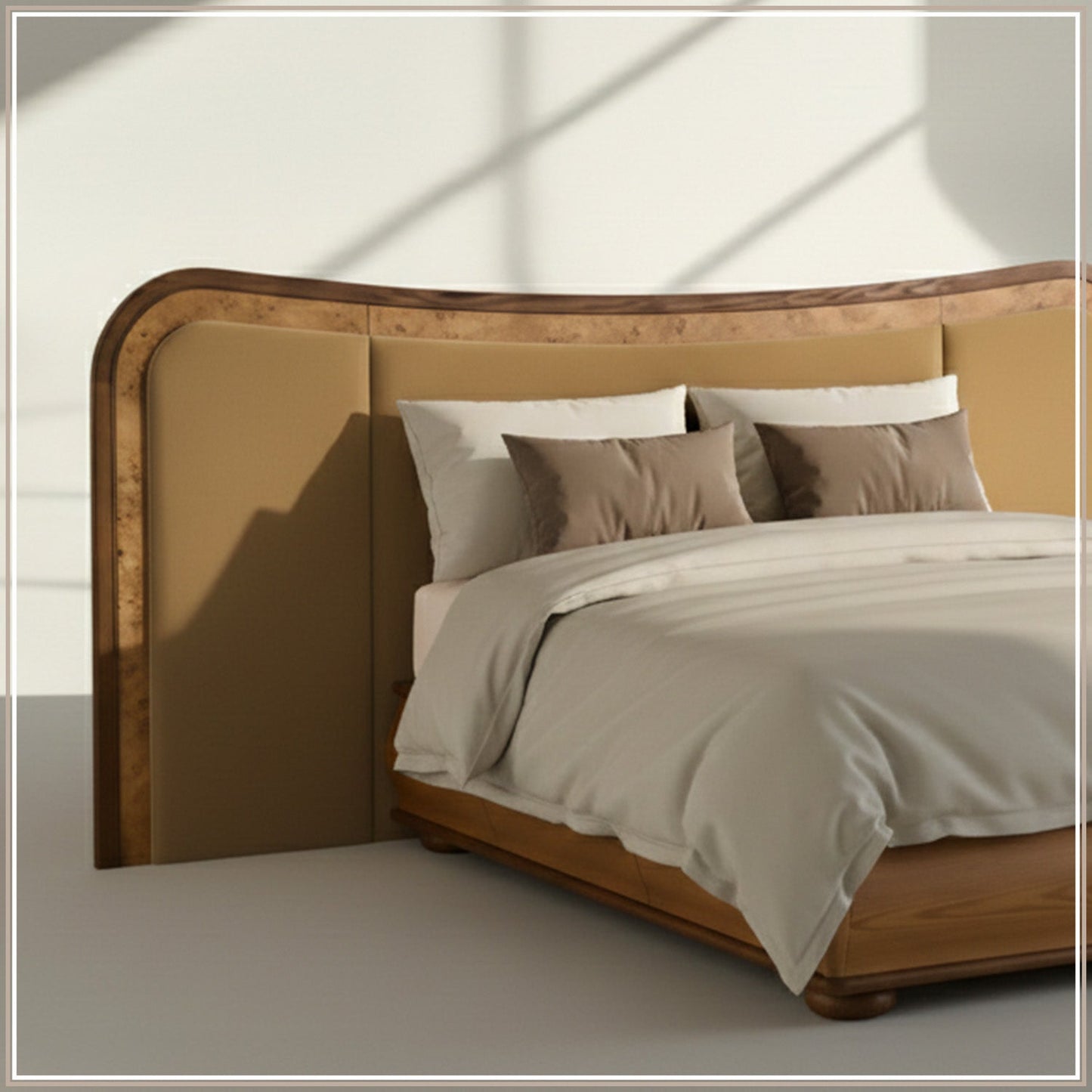 Elowen Softline Queen Size Bed in Camel Brown Velvet with Oak wood Frame & Hydraulic Storage