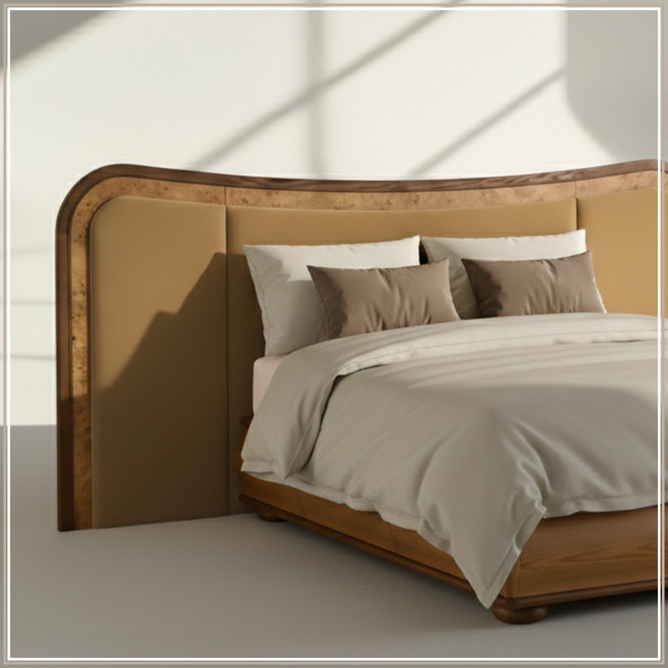 Elowen Softline Queen Size Bed in Camel Brown Velvet with Oak wood Frame & Hydraulic Storage