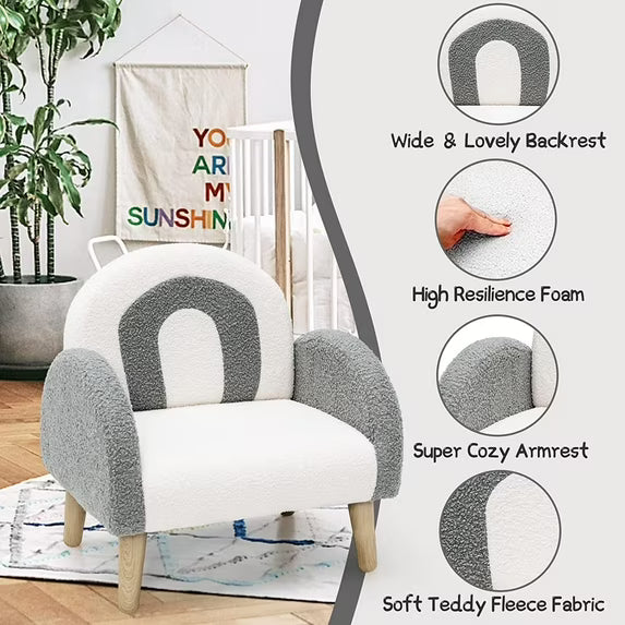 Grey & White CloudArch Kids Armchair with Wooden LegsPlush Fabric