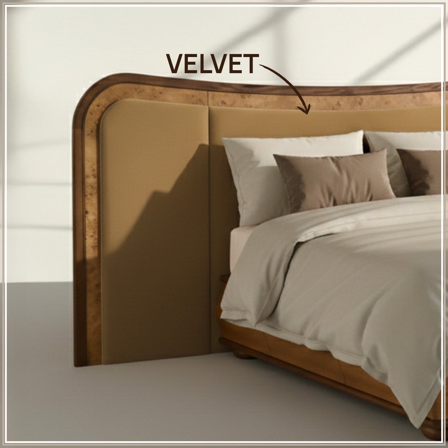 Elowen Softline Queen Size Bed in Camel Brown Velvet with Oak wood Frame & Hydraulic Storage