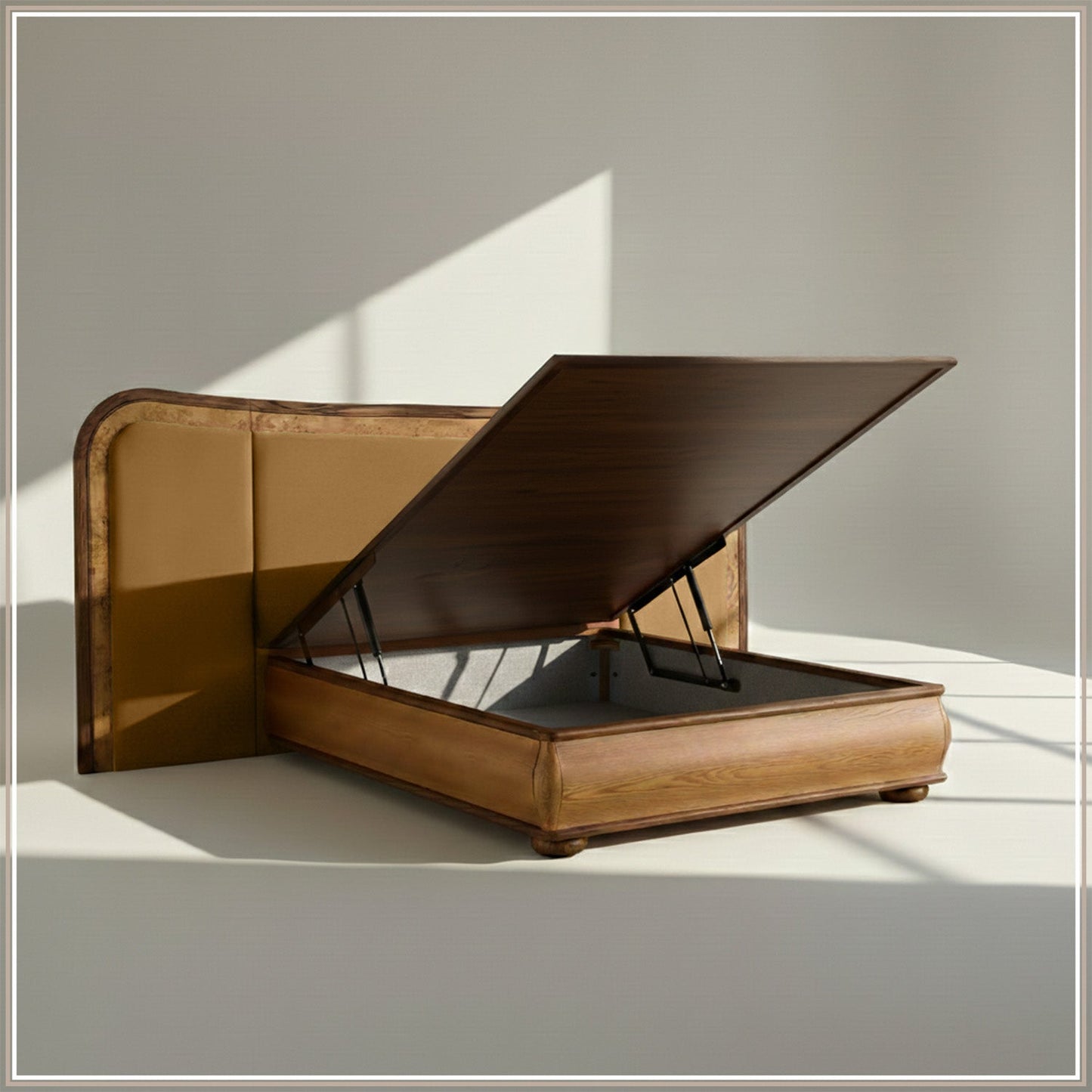 Elowen Softline Queen Size Bed in Camel Brown Velvet with Oak wood Frame & Hydraulic Storage