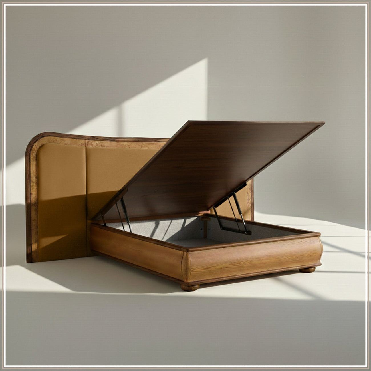Elowen Softline Queen Size Bed in Camel Brown Velvet with Oak wood Frame & Hydraulic Storage