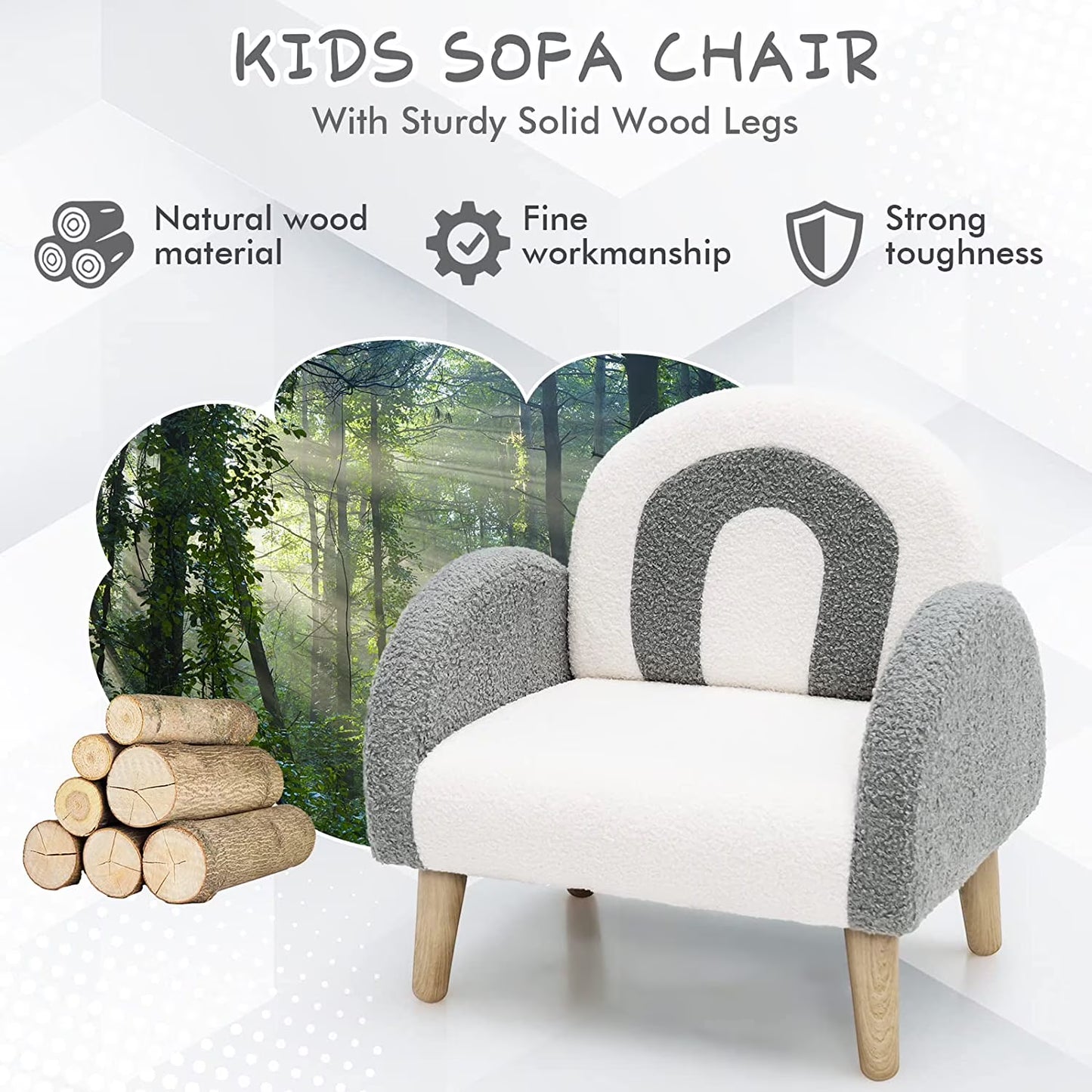 Grey & White CloudArch Kids Armchair with Wooden LegsPlush Fabric