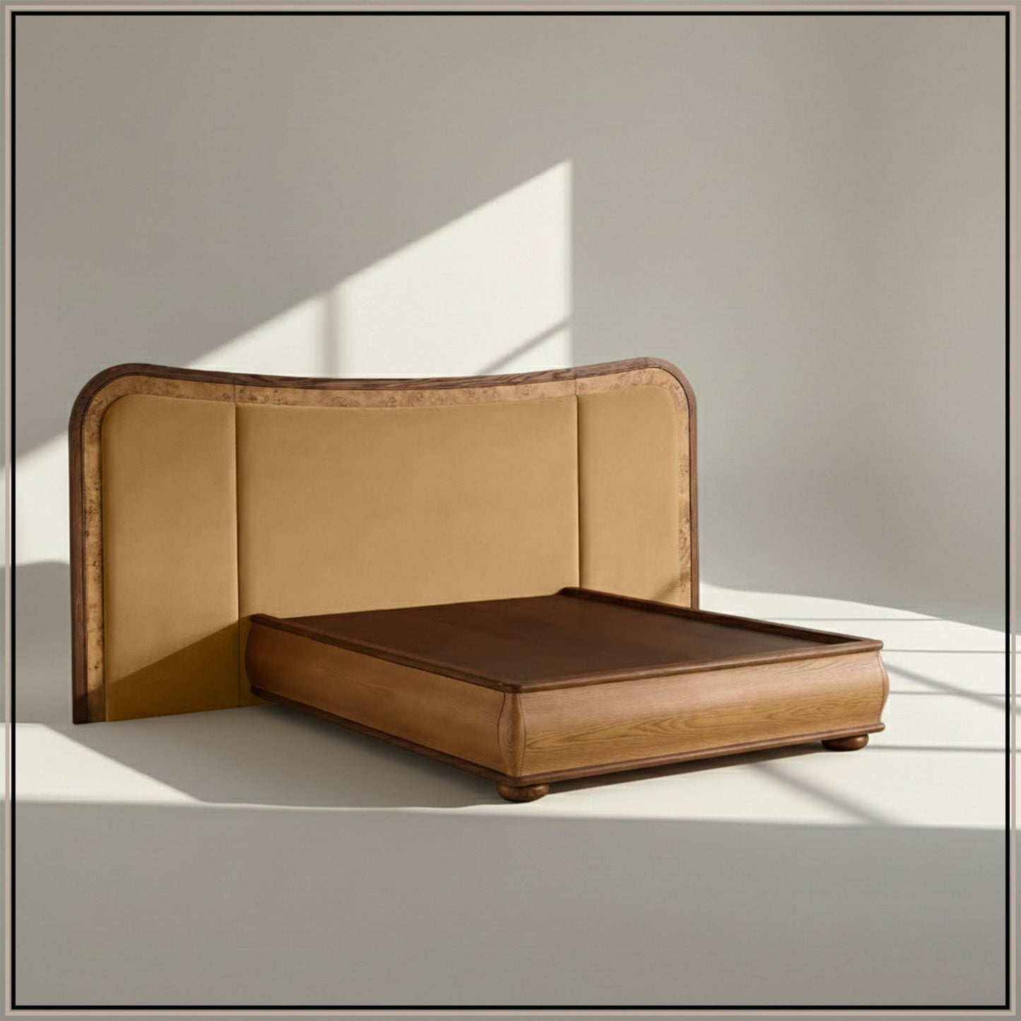Elowen Softline Queen Size Bed in Camel Brown Velvet with Oak wood Frame & Hydraulic Storage