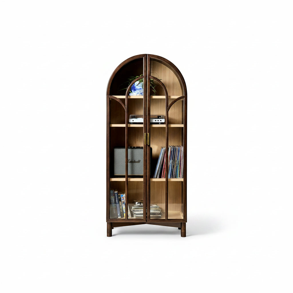 Camille Arched Glass Paned Storage Cabinet -Black Stain with Wood Interior