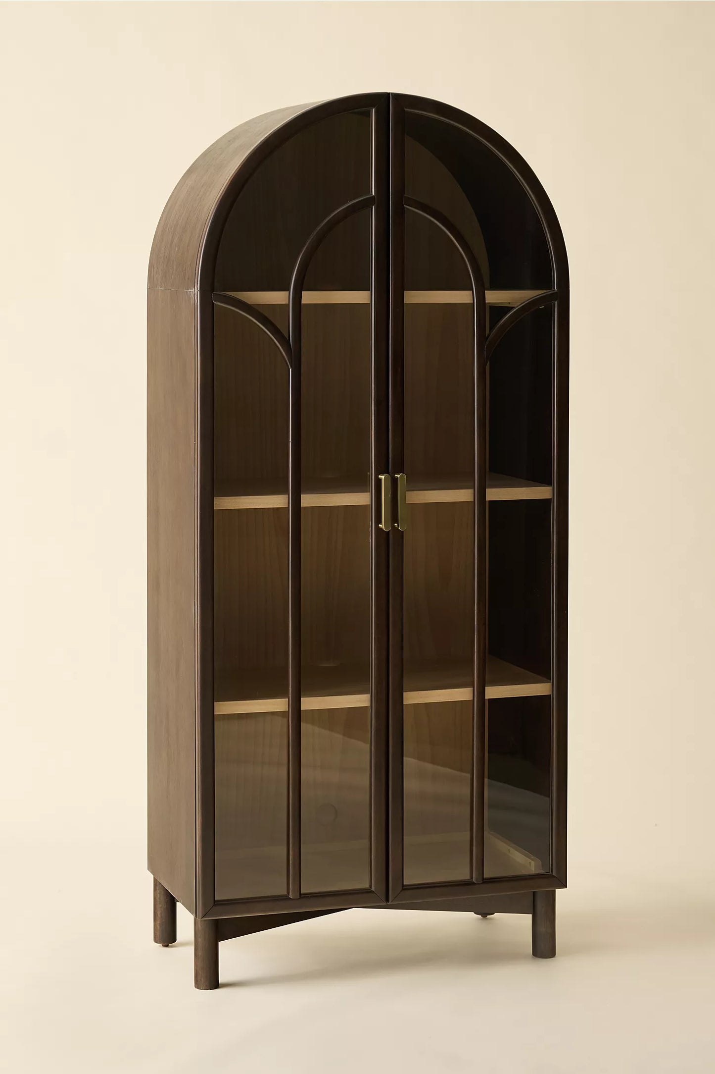 Camille Arched Glass Paned Storage Cabinet -Black Stain with Wood Interior