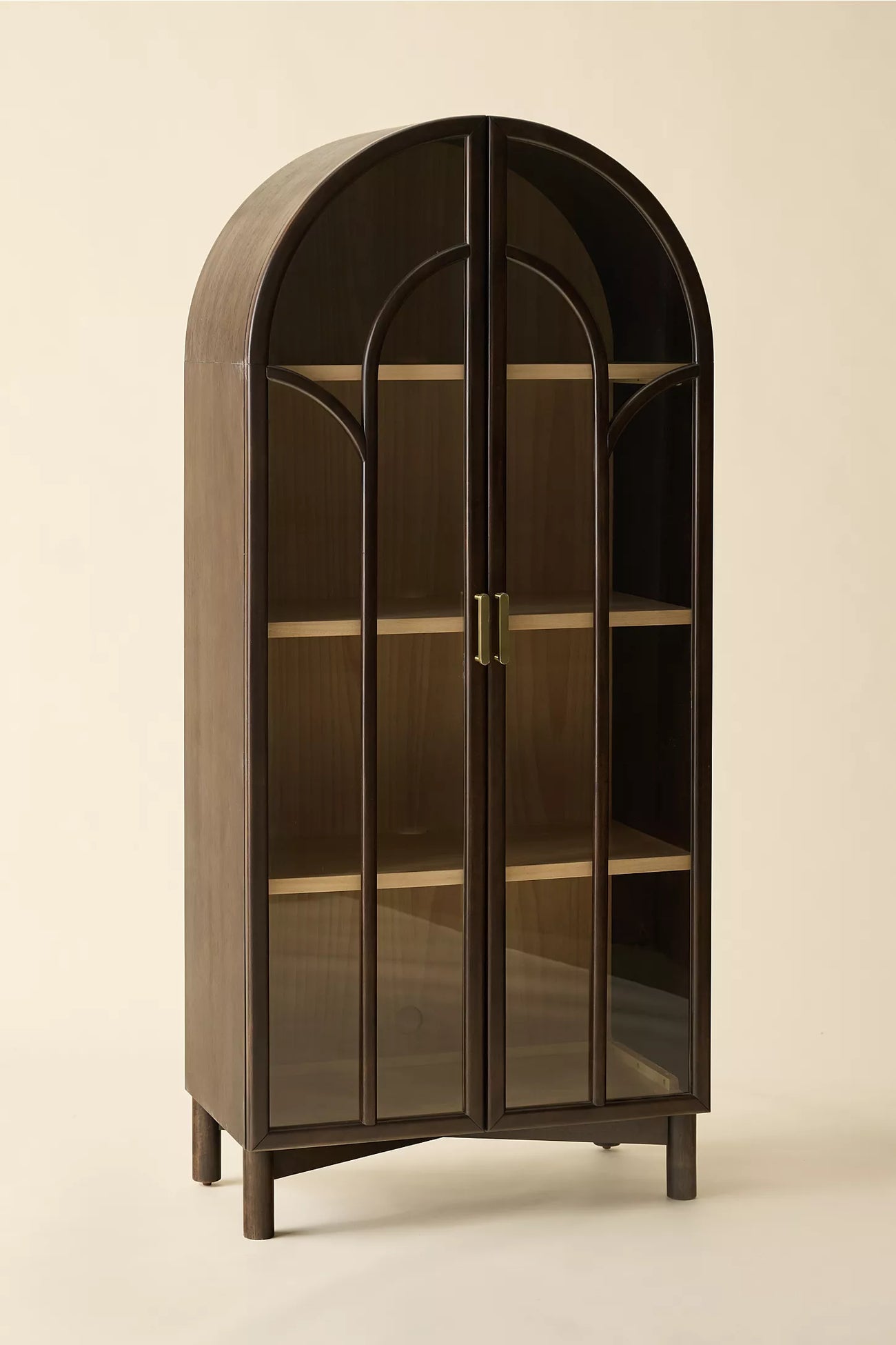 Camille Arched Glass Paned Storage Cabinet -Black Stain with Wood Interior