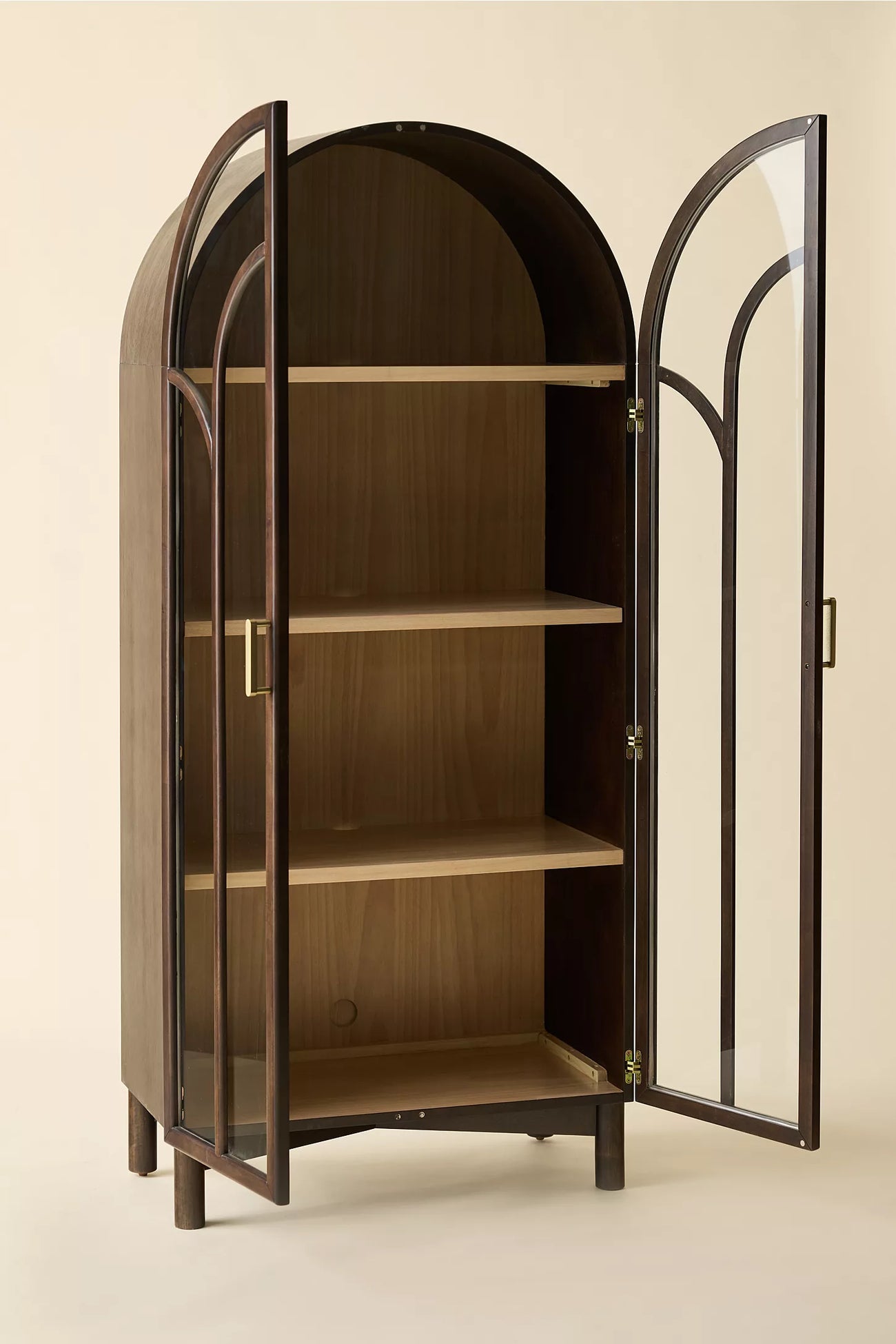 Camille Arched Glass Paned Storage Cabinet -Black Stain with Wood Interior