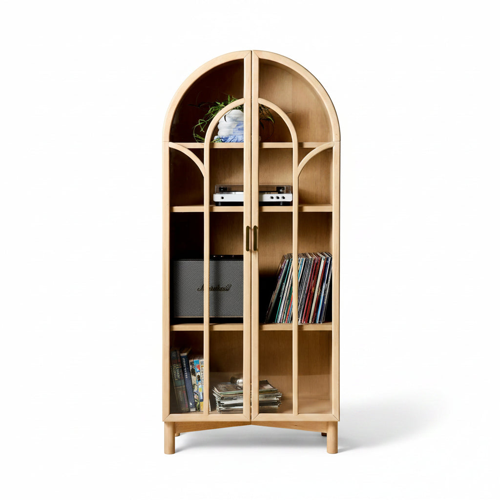 Camille Arched Glass Paned Storage Cabinet - Bleached Rubberwood