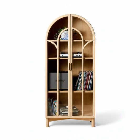 Camille Arched Glass Paned Storage Cabinet - Bleached Rubberwood
