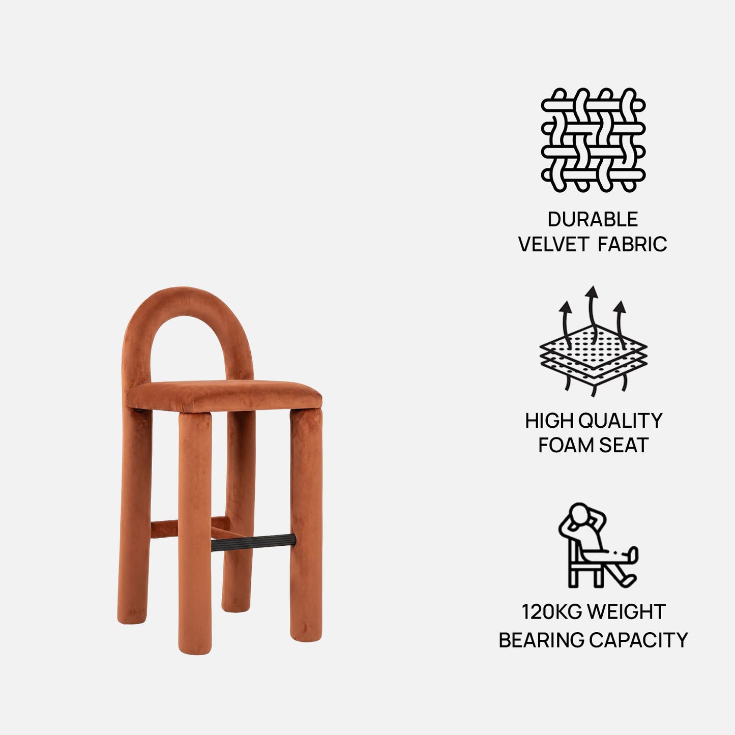 Arevex Arch Back Terracotta Bar Velvet Stool