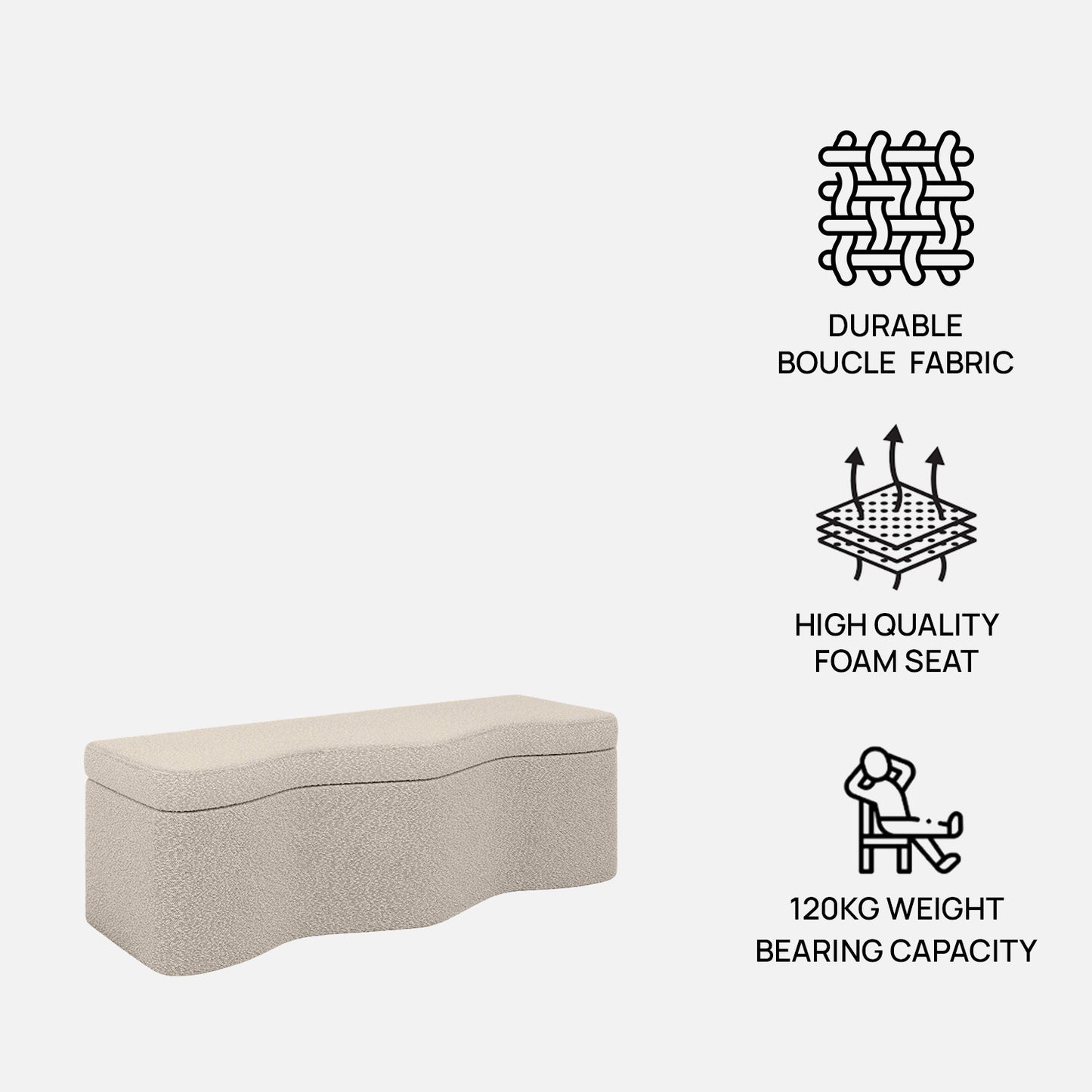 Velmora Wave Grey Boucle Storage Bench