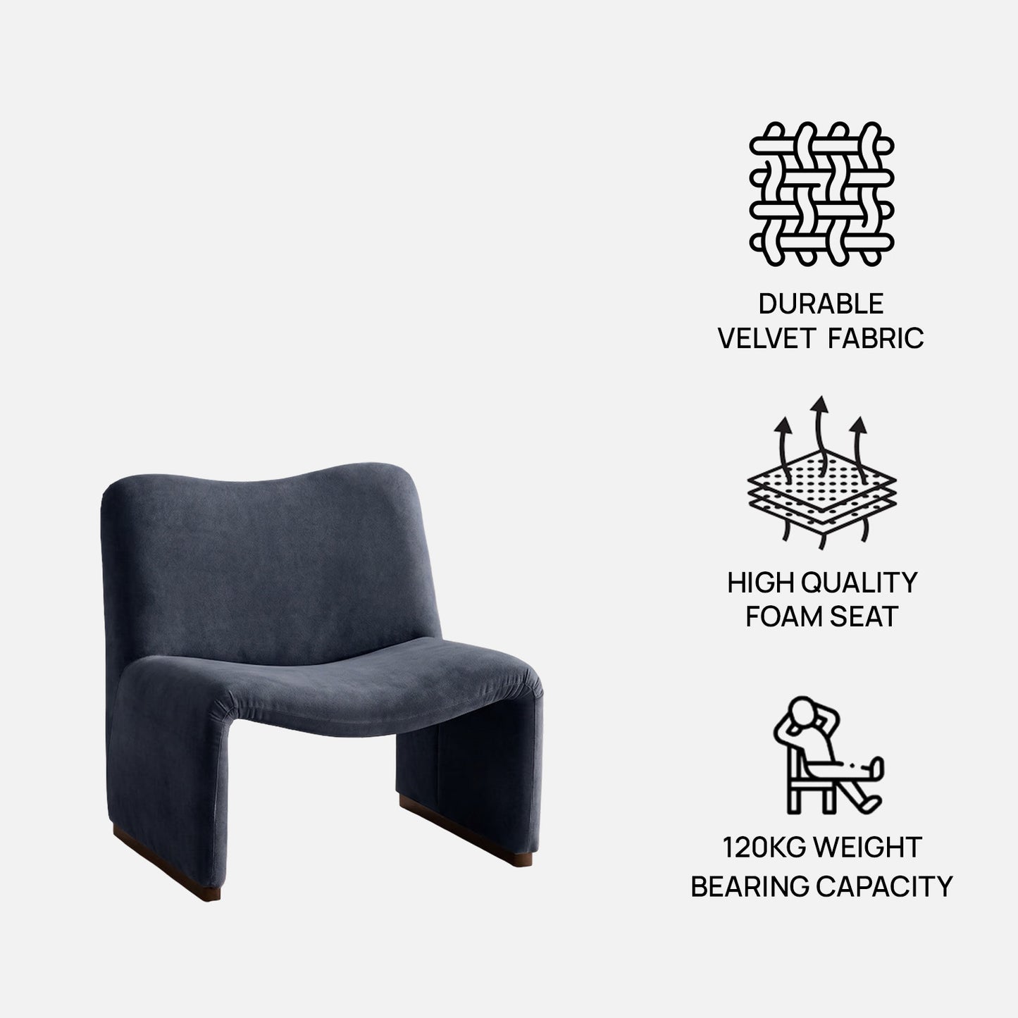 Zeenvik Sculpted Modern Steel Blue Velvet Lounge Chair