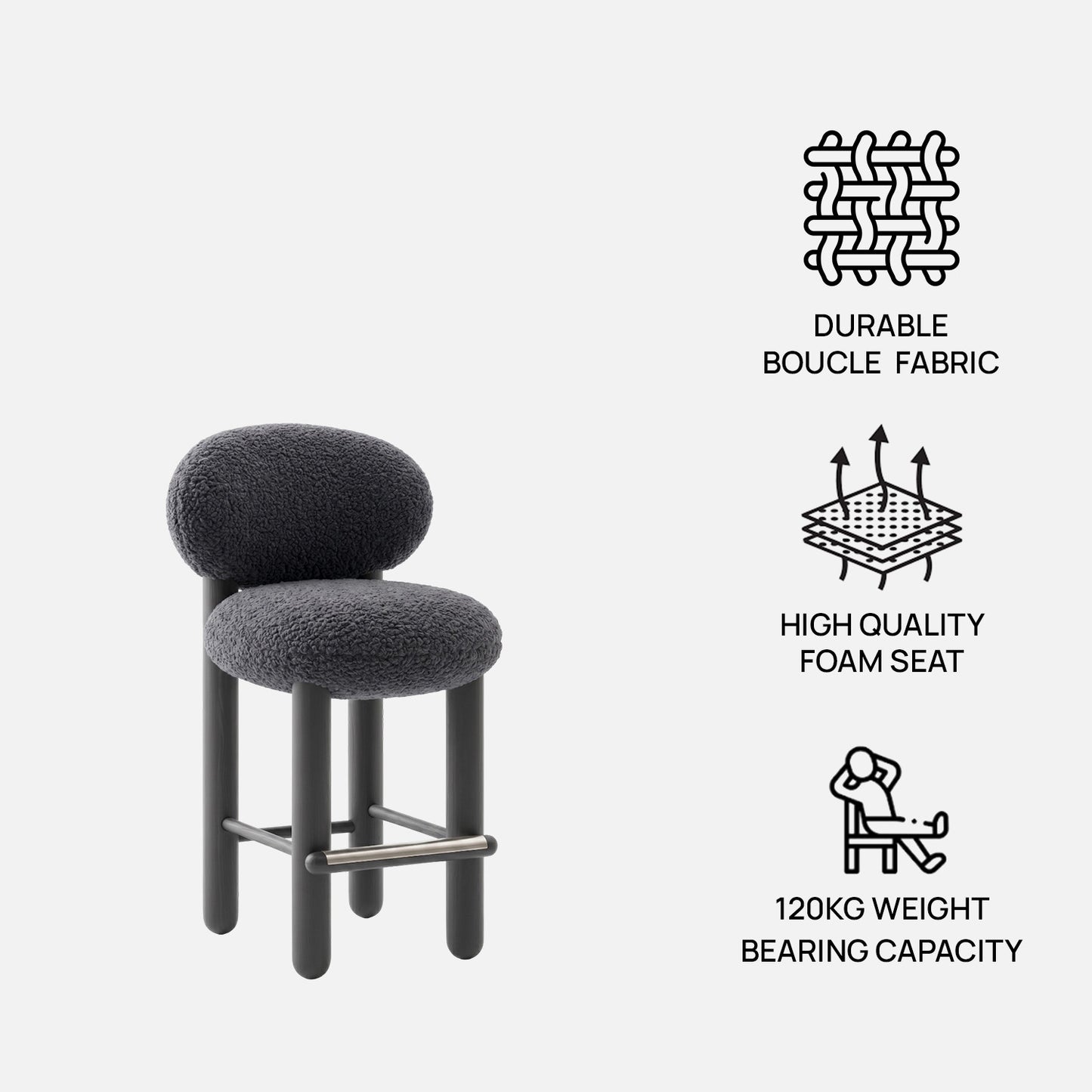 Boevik Plush Charcoal Black Bar Boucle Stool