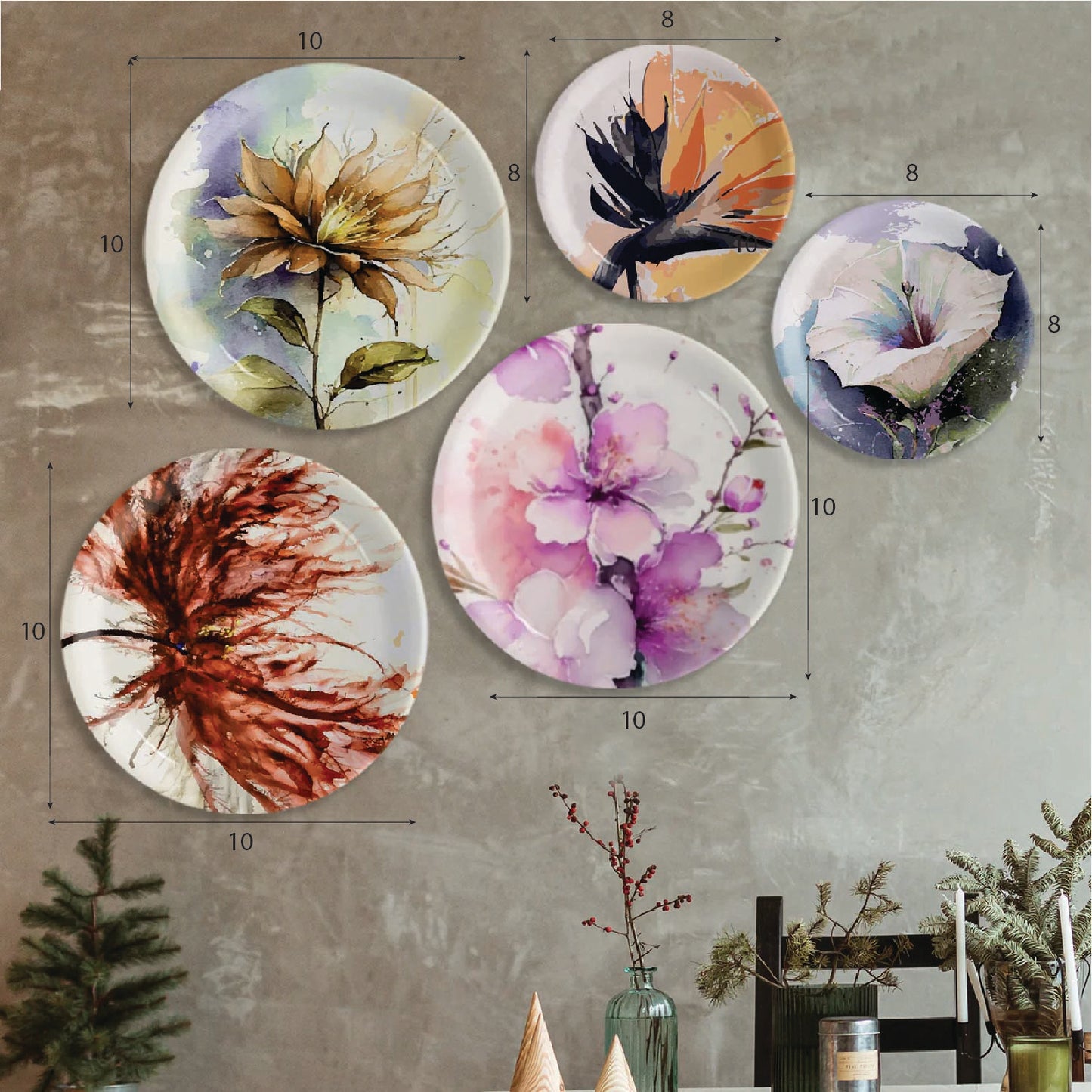 English Style Flower Wall Plates Sets of 5