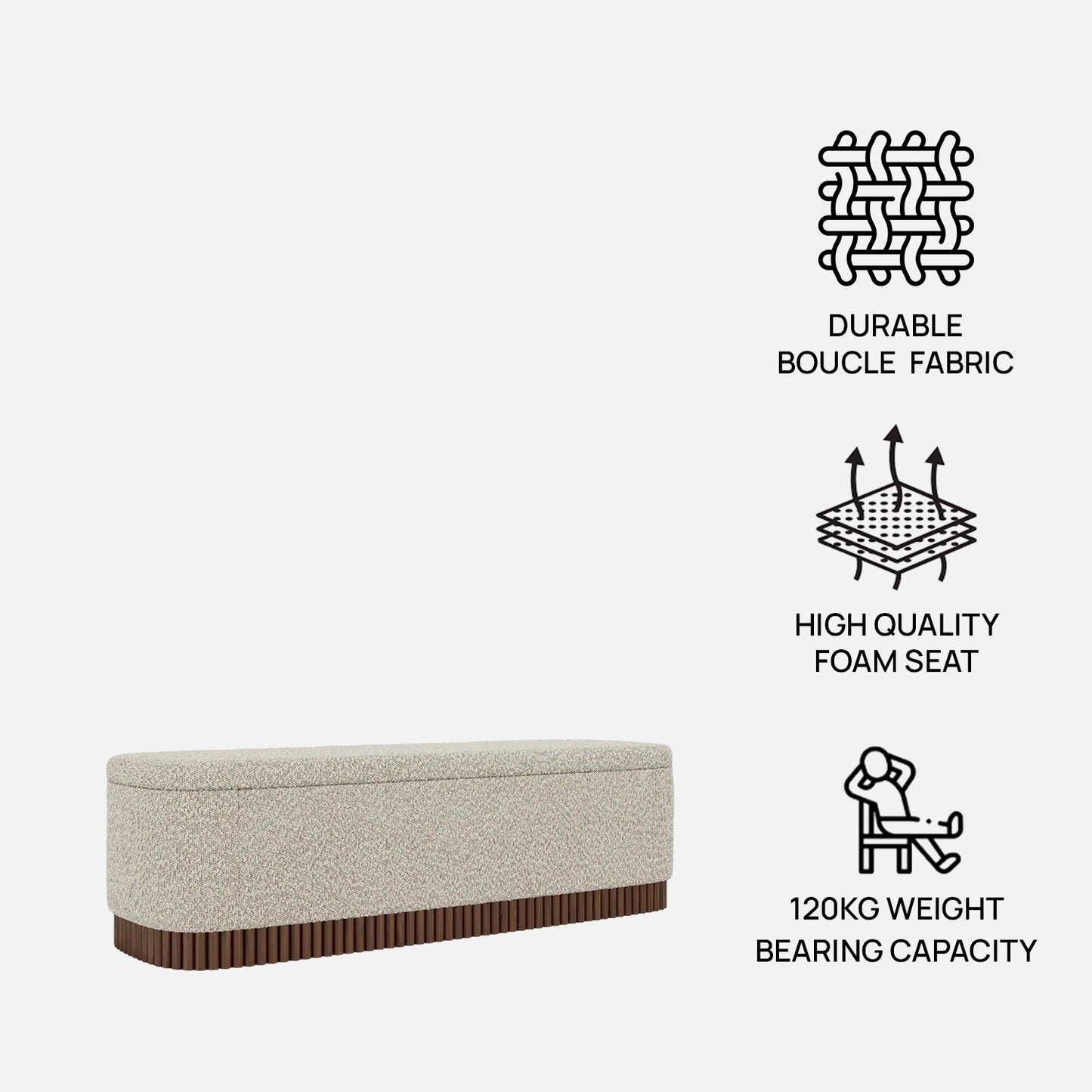 Lunara Edge Textured Grey Boucle Storage Bench