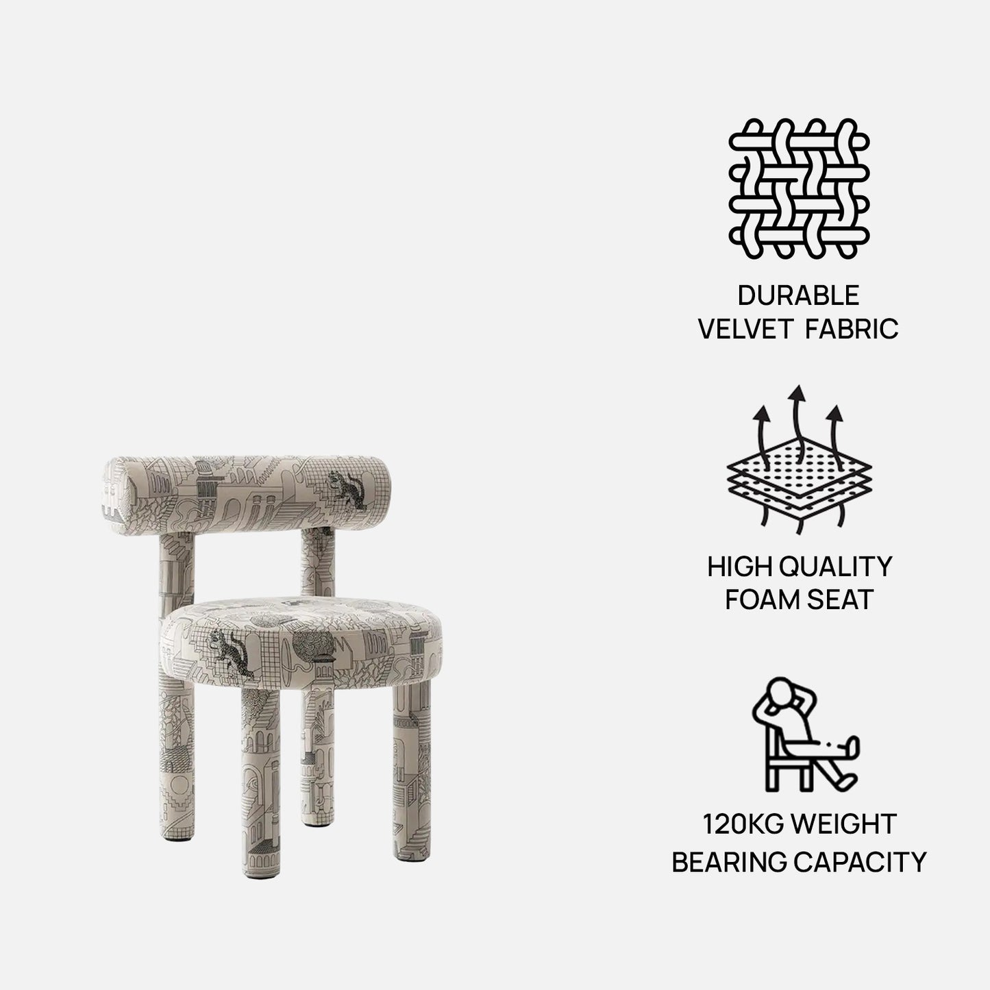 Moenvra Printed Ash Grey Pattern Velvet Dining Chair