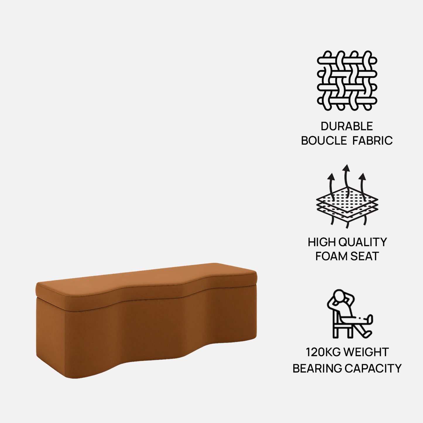 Velmora Wave Caramel Brown Boucle Storage Bench