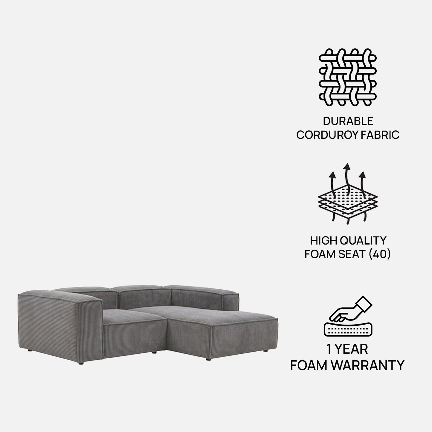 Elegant Edge 2 Seater Versatile Corduroy Grey L Shaped Sofa