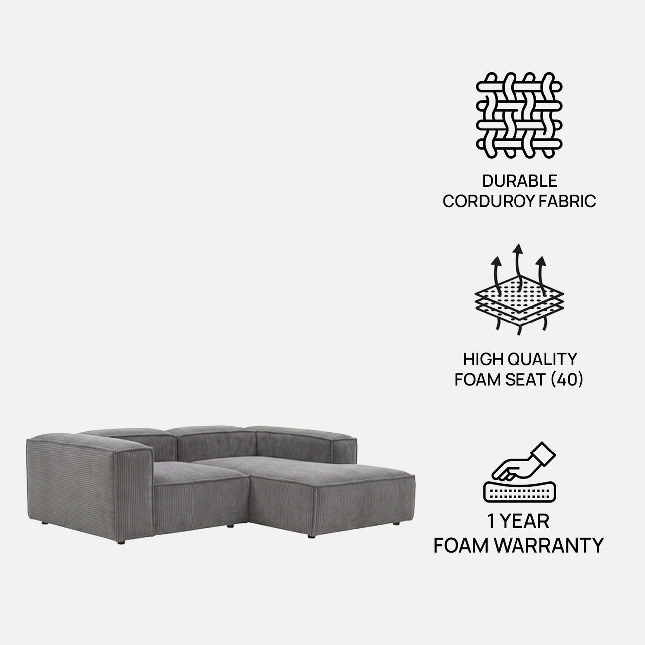 Elegant Edge 2 Seater Versatile Corduroy Grey L Shaped Sofa
