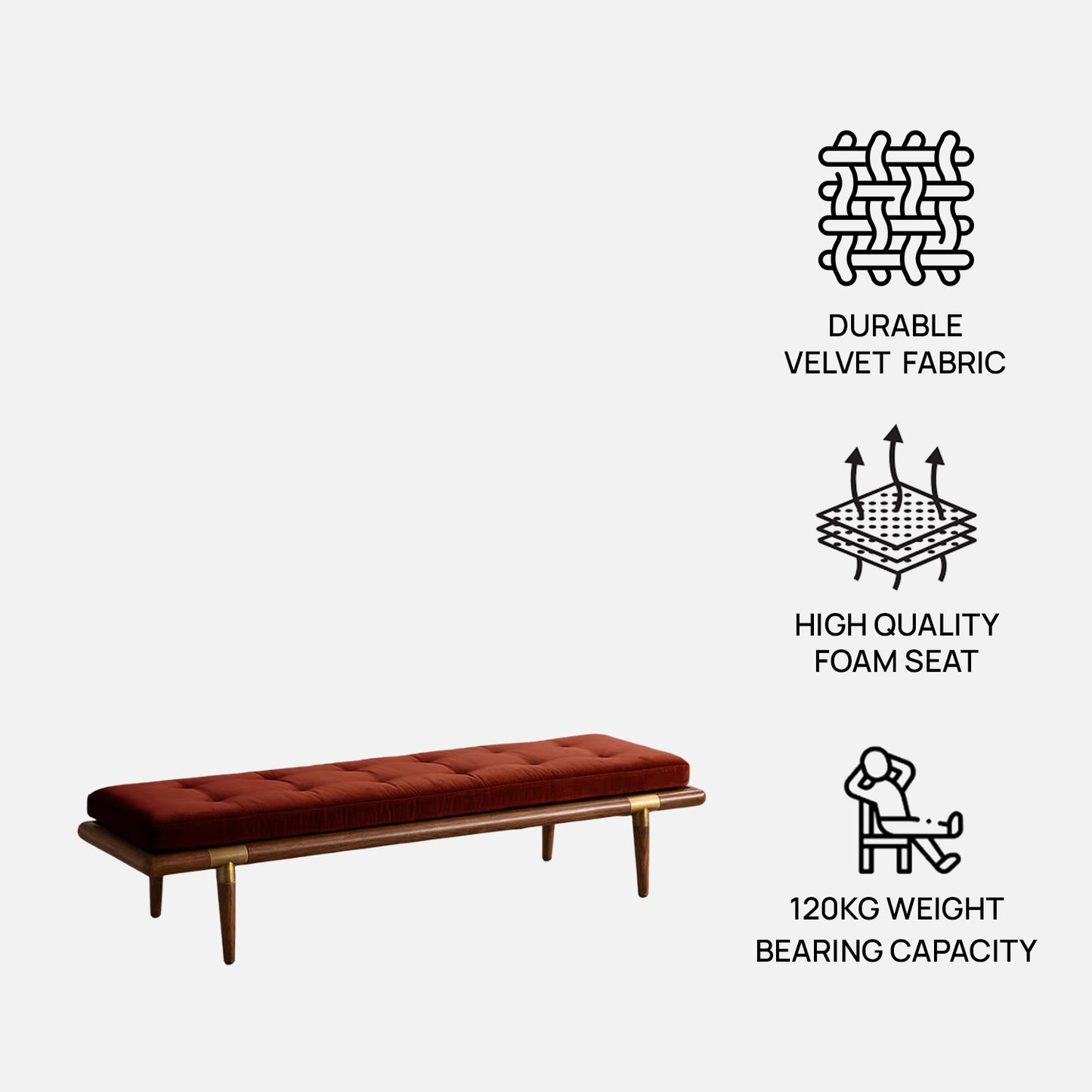 Aurelio Tufted Caramel Brown velvet Bench
