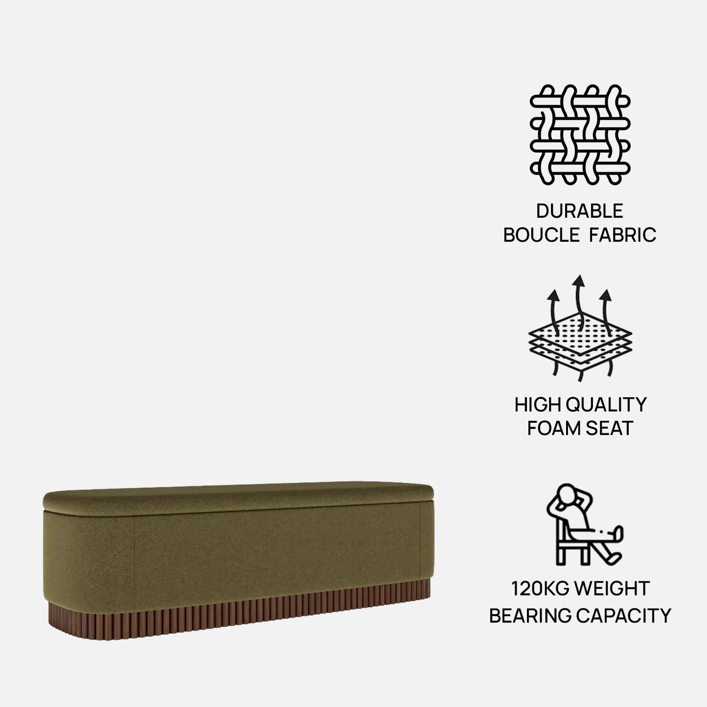 Lunara Edge Moss Green Boucle Storage Bench
