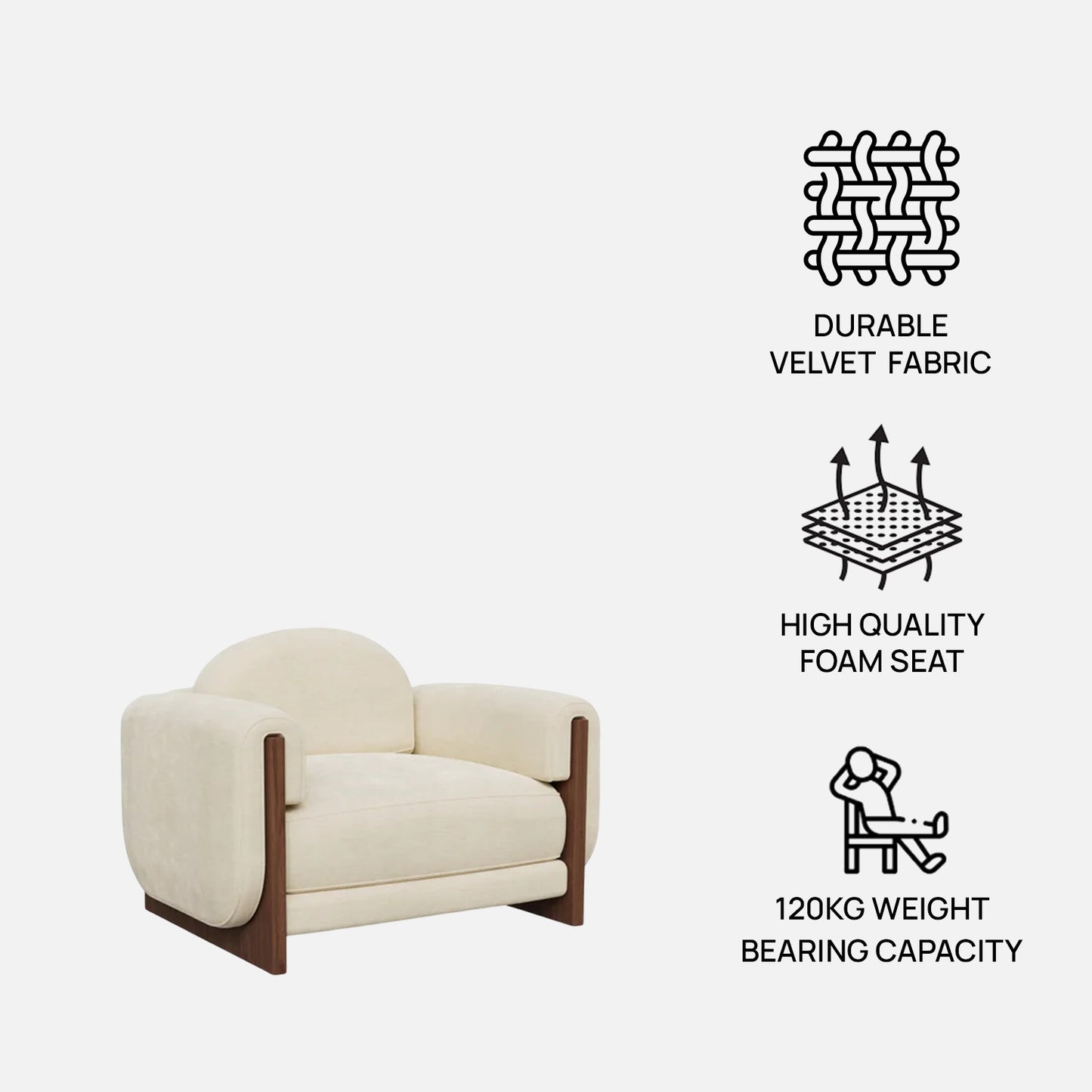 Breavion Classic Wood Arm Cream Velvet Lounge Chair