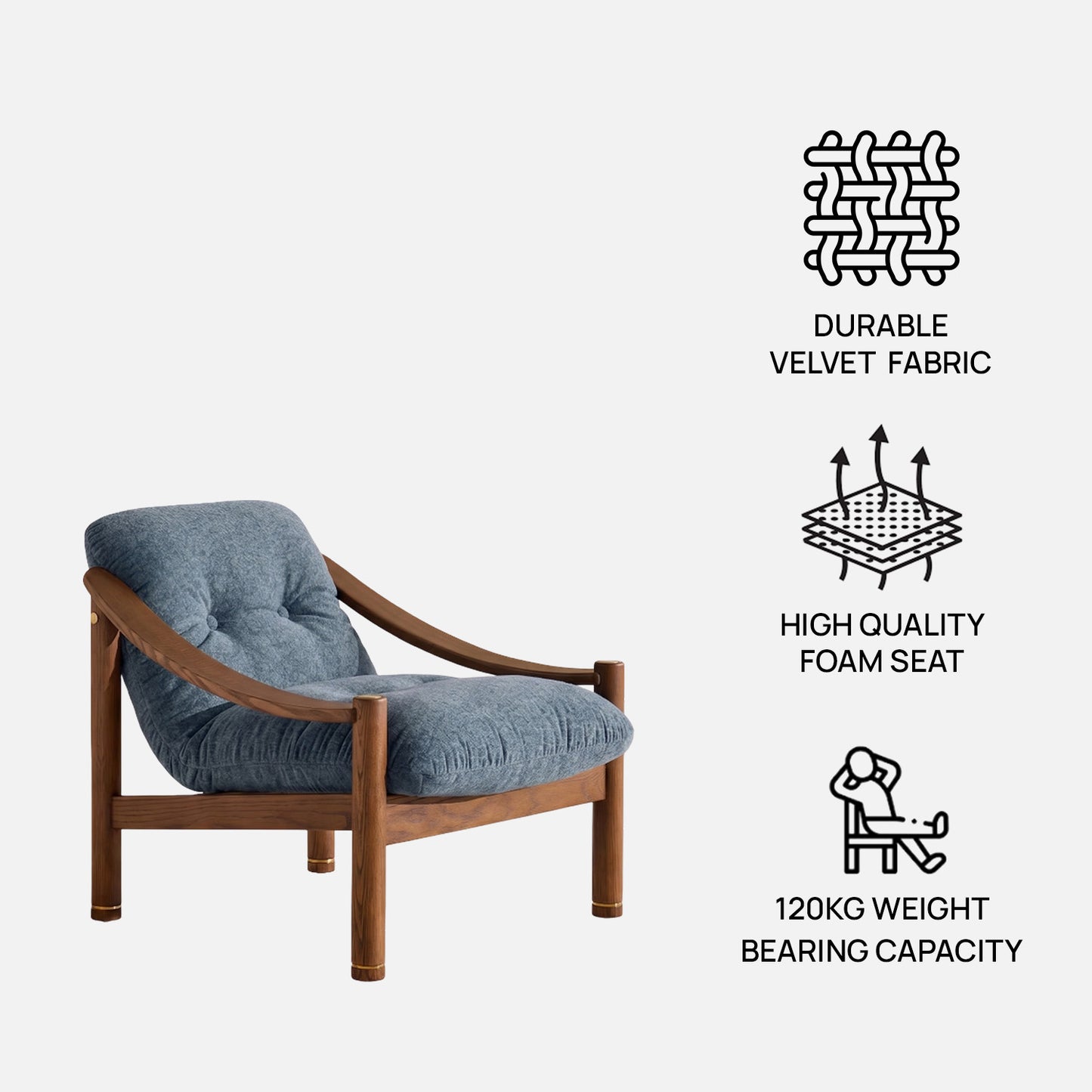 Aveeron Wood Frame Slate Blue Velvet Lounge Chair
