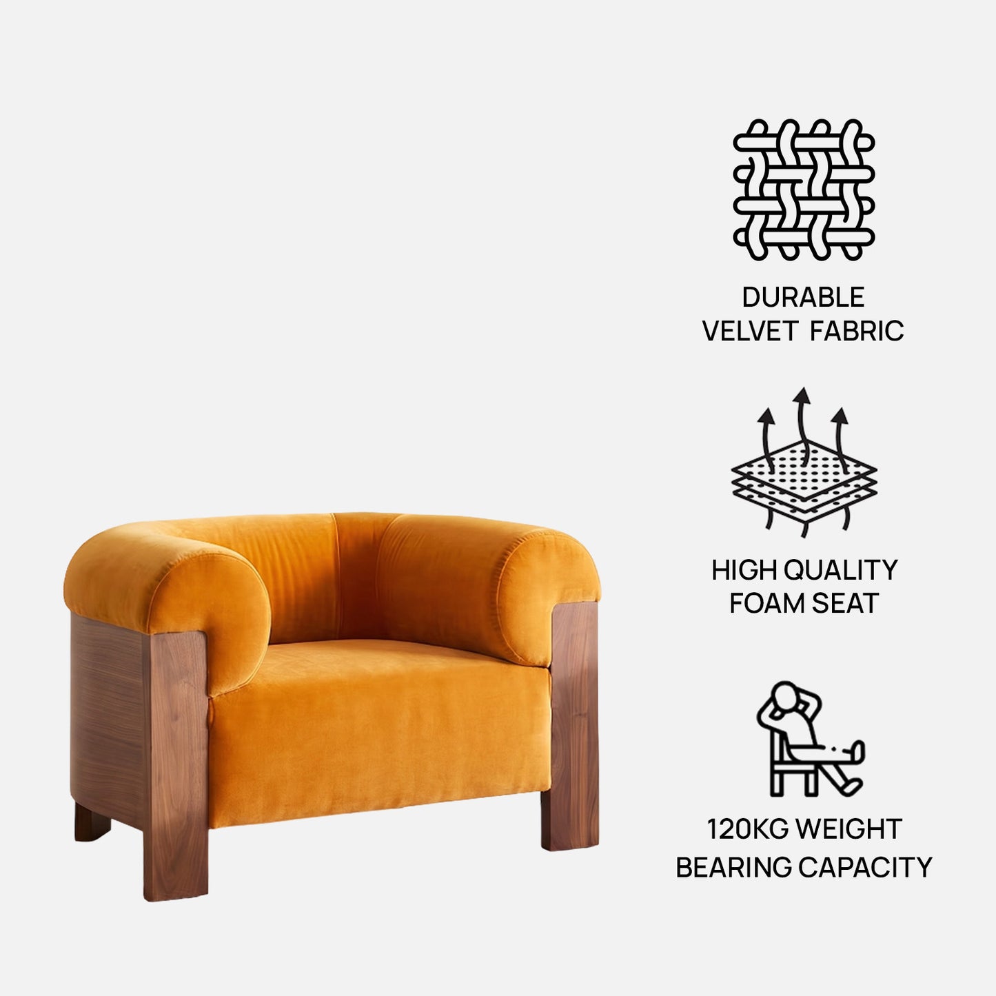Treevino Wooden Arm Amber Brown Velvet Lounge Chair