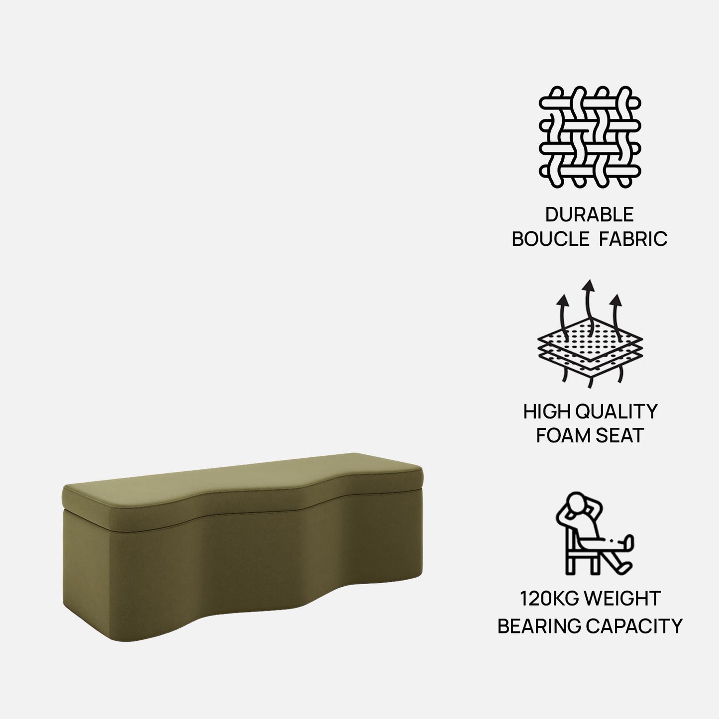 Velmora Wave Moss Green Boucle Storage Bench