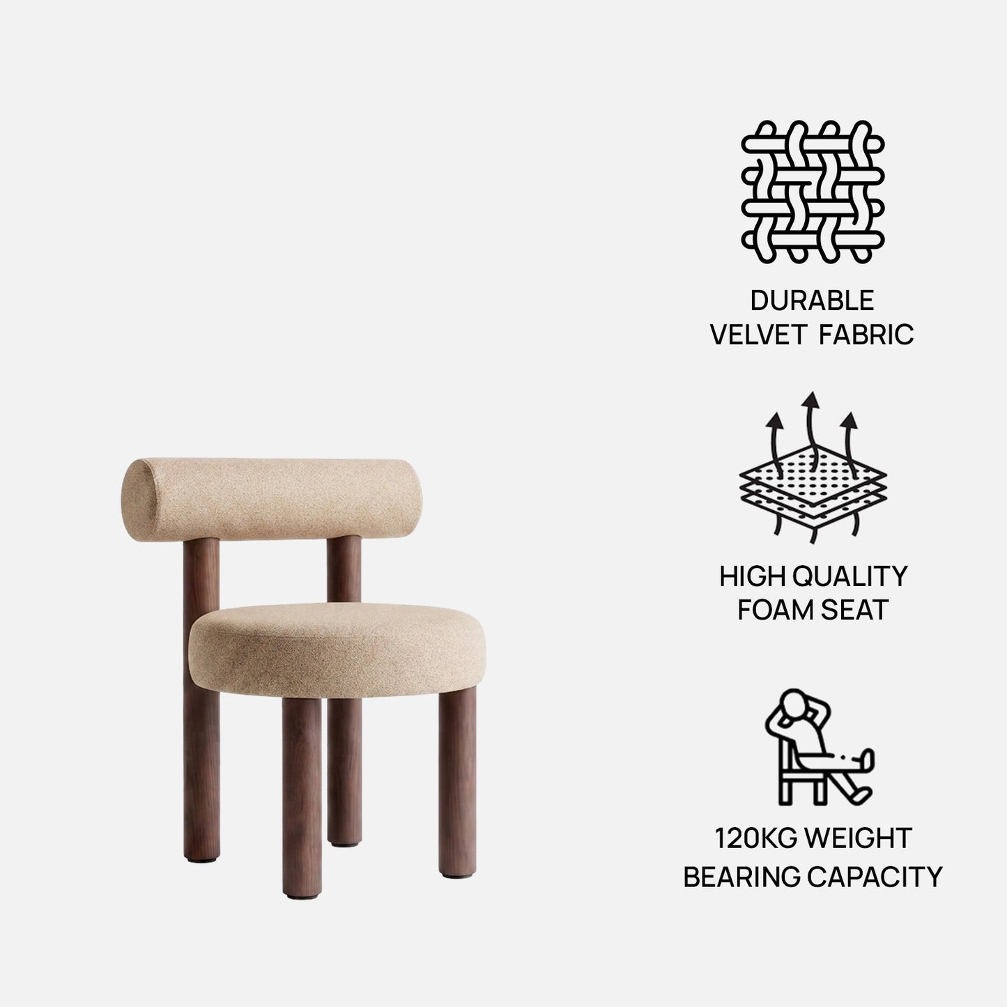 Eleto Minimal Natural Beige Velvet Dining Chair