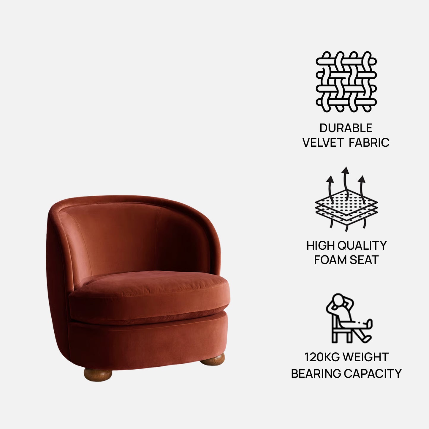 Orevella Classic Barrel Rust Red Velvet Lounge Chair
