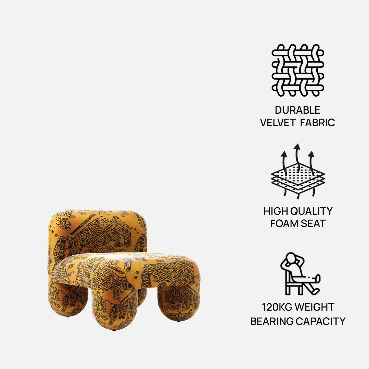 Zaefrique Pattern Sculpt Ochre Print Velvet Lounge Chair