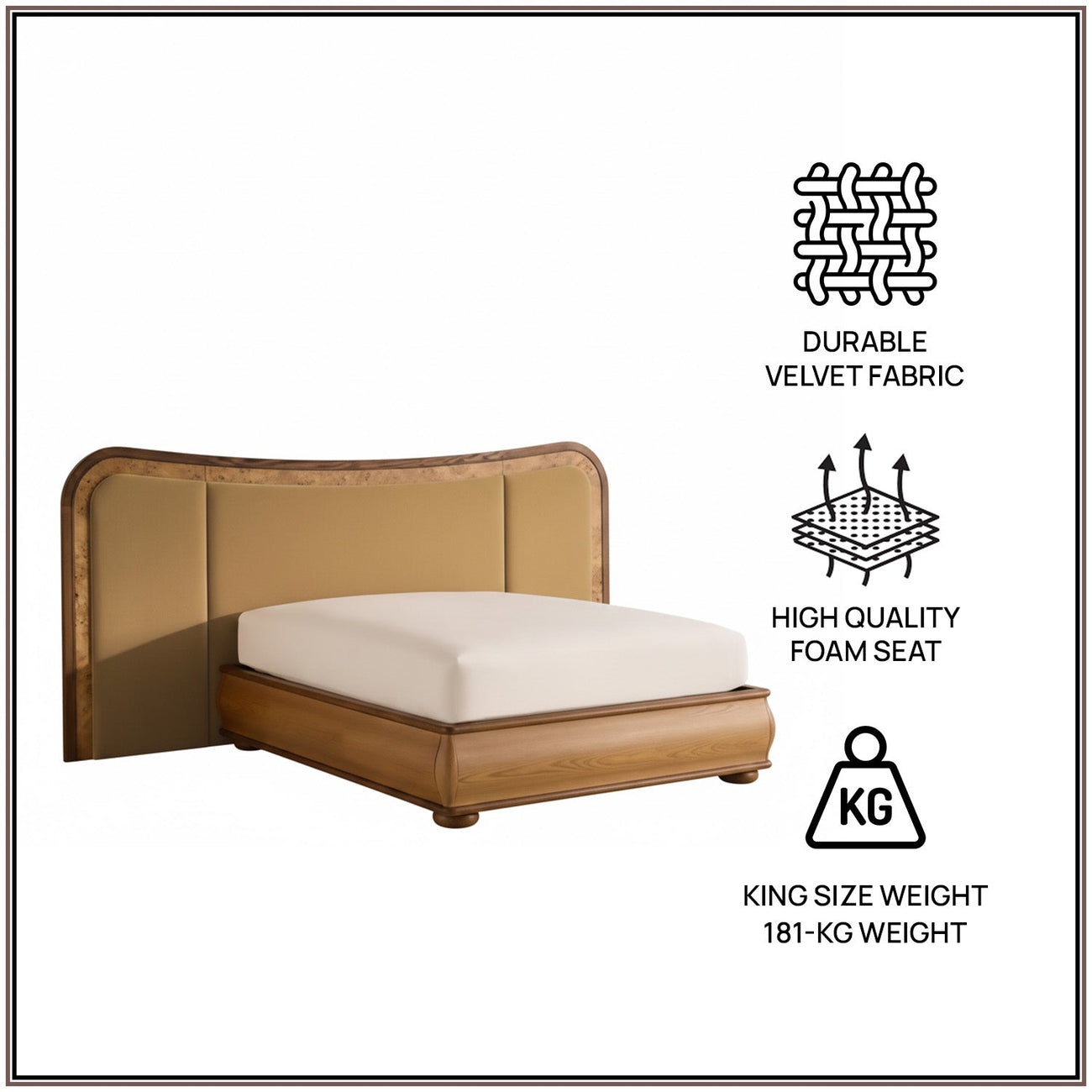 Elowen Softline Queen Size Bed in Camel Brown Velvet with Oak wood Frame & Hydraulic Storage