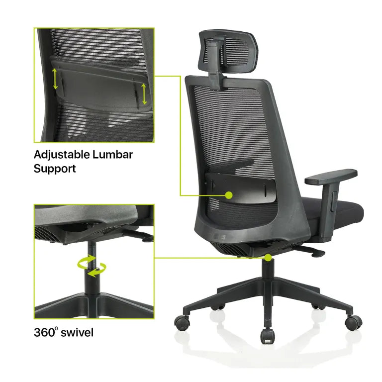 Amaze High Back Mesh Chair with Self Calibrating Multilock Mechanism & Fabric Upholstered Cushion Seat(Black)