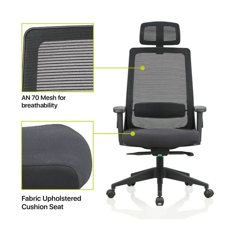 Amaze High Back Mesh Chair with Self Calibrating Multilock Mechanism & Fabric Upholstered Cushion Seat(Black)