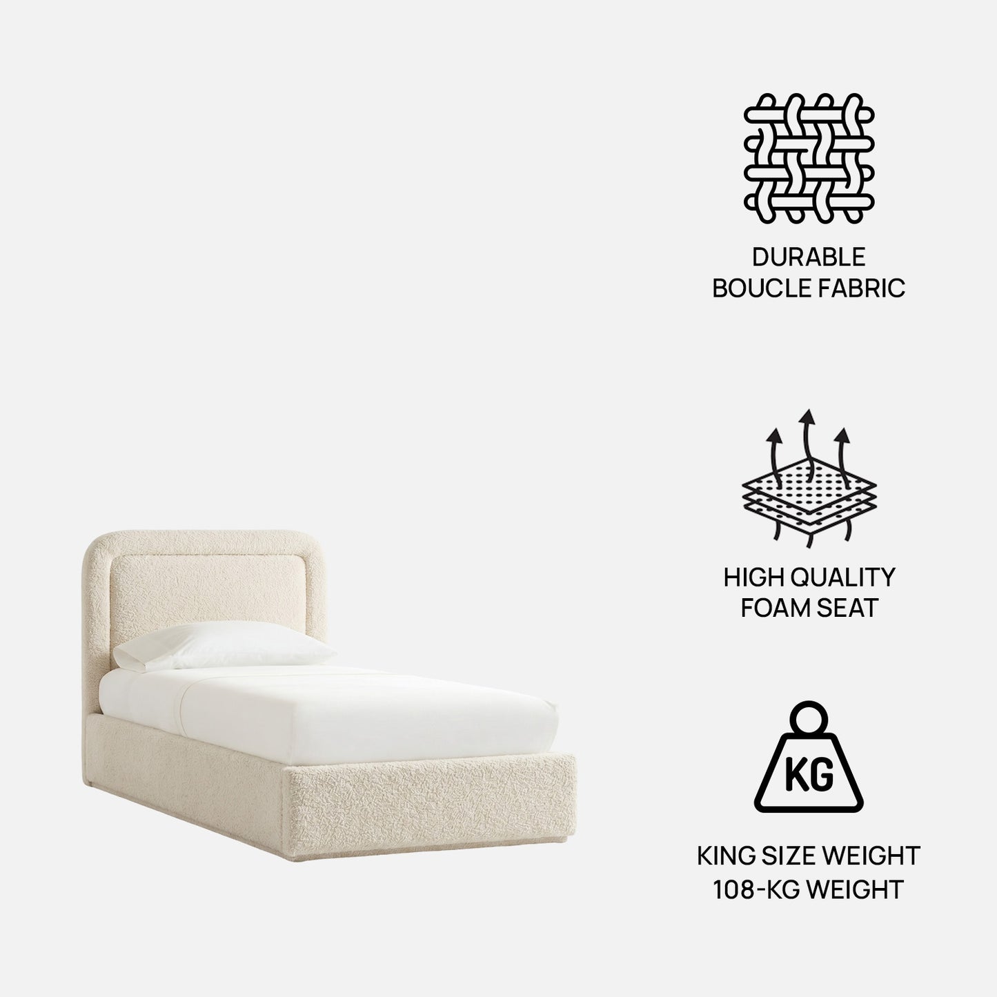 Marshmallow Boucle Kids Twin Bed with Hydraulic Storage in Cream
